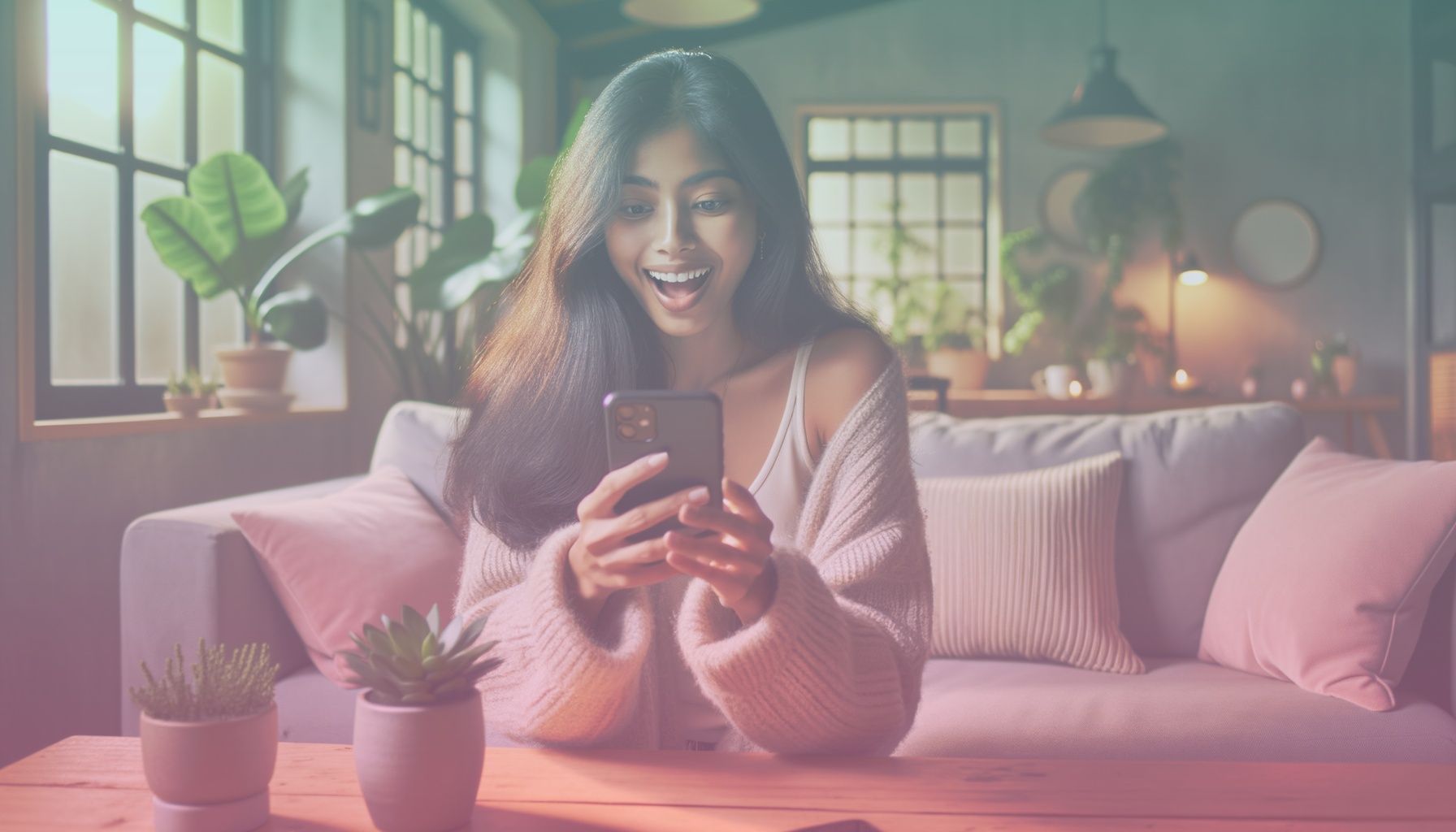 A young woman using a smartphone to share a video on Instagram in an engaging manner. working in a a cozy living room setting accentuated with trendy decor fitting for a young social media enthusiast. elements like indoor plants, comfortable couches, and a chic coffee table immerse the subject in a lifestyle influencer setting.. Scene is lit with warm natural light coming through nearby windows casting soft shadows, creating an inviting and positive atmosphere, resonating with the topic's lively tone..