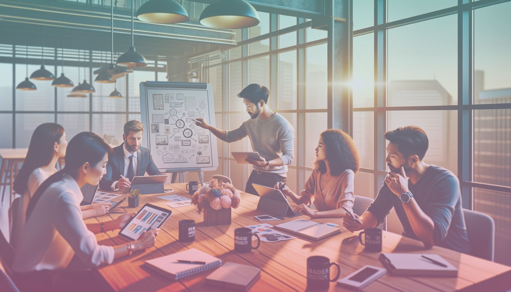 A diverse group of professionals from different brands brainstorming ideas in a modern, cozy meeting room. The subjects should appear engaged and collaborative. working in a set in a modern office meeting room featuring a sleek wooden table, comfortable chairs, and large windows providing natural light. the environment should include digital devices, notepads, and branded mugs on the table for a realistic touch.. Scene is lit with soft, natural lighting streaming through large windows, creating a warm and inviting atmosphere. highlights and shadows should enhance the realism, suited for an energetic and creative discussion..