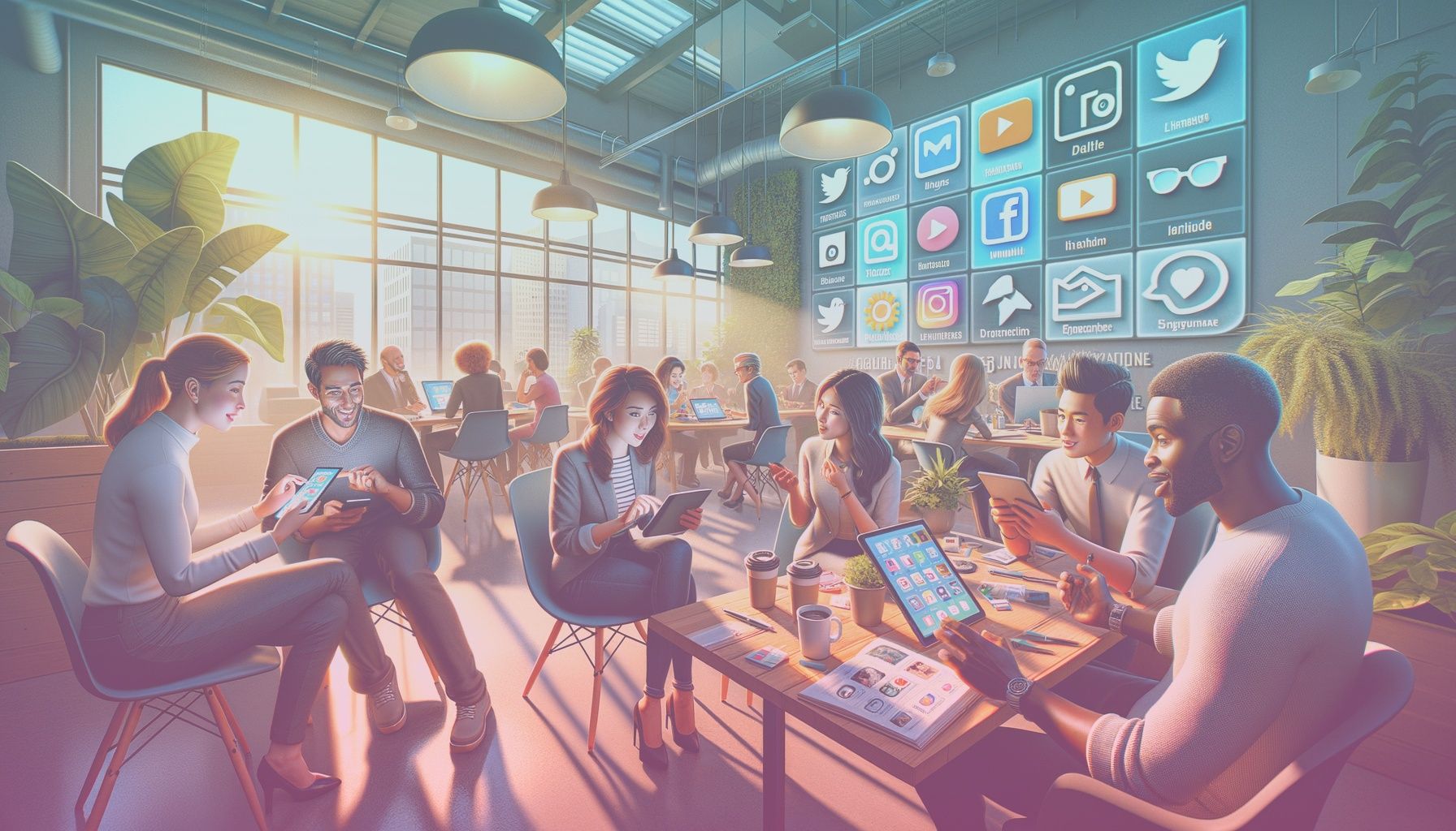 A dynamic, diverse group of people engaging with various social media apps on their devices; include a range of demographics to represent different platforms. working in a an office environment with modern decor, featuring comfortable seating and digital screens displaying social media logos. the space is lively with visible interactions occurring among people, emphasizing a collaborative atmosphere.. Scene is lit with bright and inviting lighting that simulates a natural daylight ambiance, casting soft shadows and creating a positive, energetic mood. the atmosphere is vibrant, reflecting the lively exchange inherent in social media interactions..