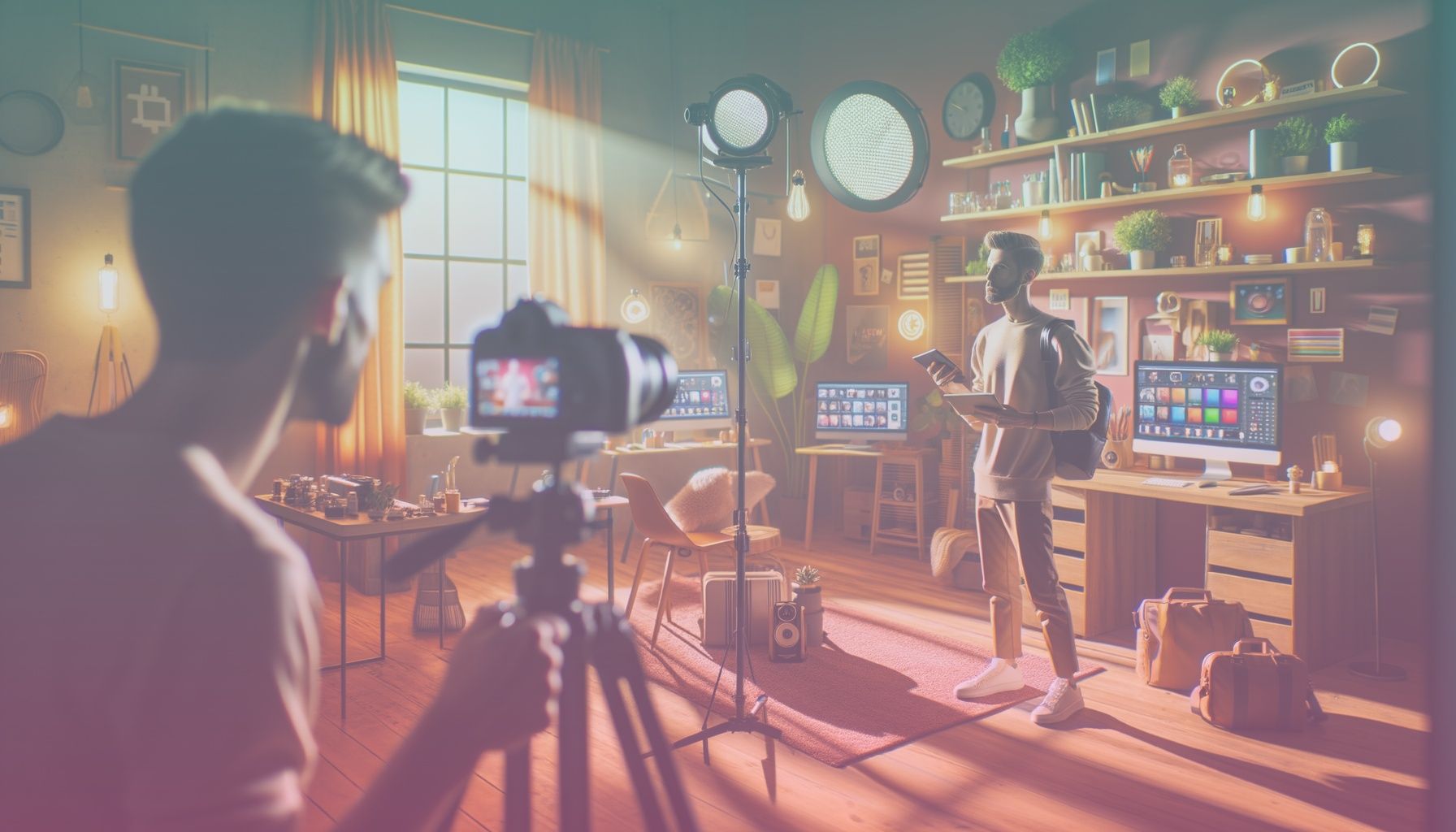 A social media influencer at a content creation setup with iconic product placements subtly integrated, personifying authentic engagement. working in a the influencer's vivid home studio setup enriched with tech devices, decor, and strategically placed products. the setting conveys professionalism and creativeness, highlighting intimate and dynamic interaction.. Scene is lit with bright, diffuse lighting complements the setting's warm tones, creating inviting shadows and highlights. the atmosphere is vibrant, reflecting an enthusiastic and engaging ambiance..