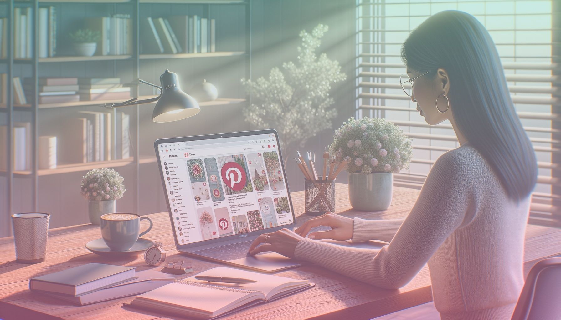 A laptop displaying Pinterest's user interface, filled with high-quality, engaging pins indicative of successful strategies. working in a a modern and cozy home office setting that complements the pinterest theme, including elements such as a tidy desk with a notebook and a cup of coffee. the environment highlights focus and creativity, while books and a potted plant add to the ambiance.. Scene is lit with soft, natural daylight streaming through a nearby window enhances the scene with a warm and inviting atmosphere. the lighting highlights the subject's concentration and the vibrancy of pinterest's interface..