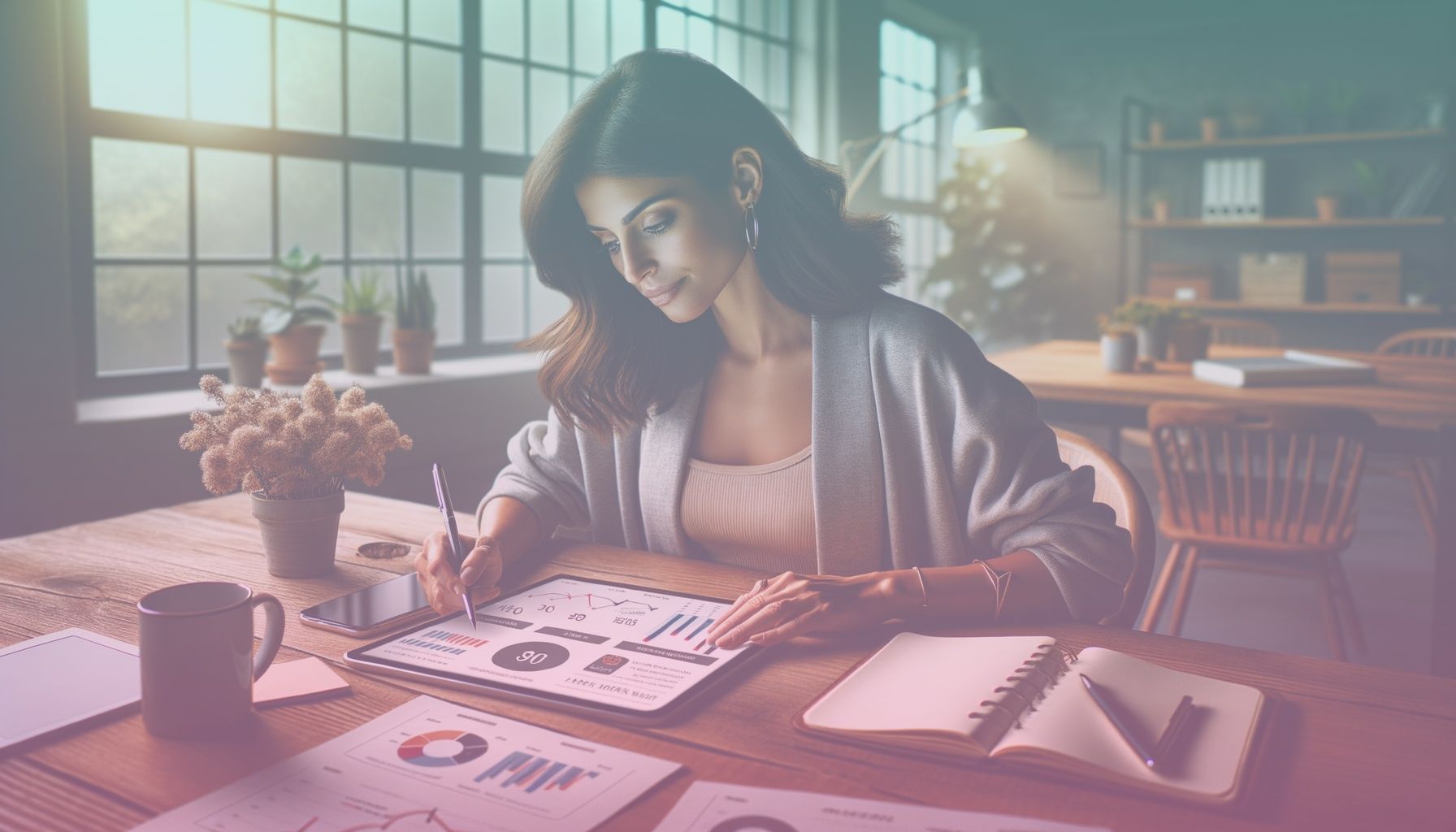 A thoughtful social media strategist is analyzing data on a tablet, with emphasis on charts and graphs depicting Instagram metrics. working in a an ultra-modern office space with large windows allowing natural light, featuring a cozy desk setup with potted plants, notebooks, and a coffee mug.. Scene is lit with soft natural light filters through the windows, creating a warm and inviting atmosphere that contributes to the depth of concentration and modern style..