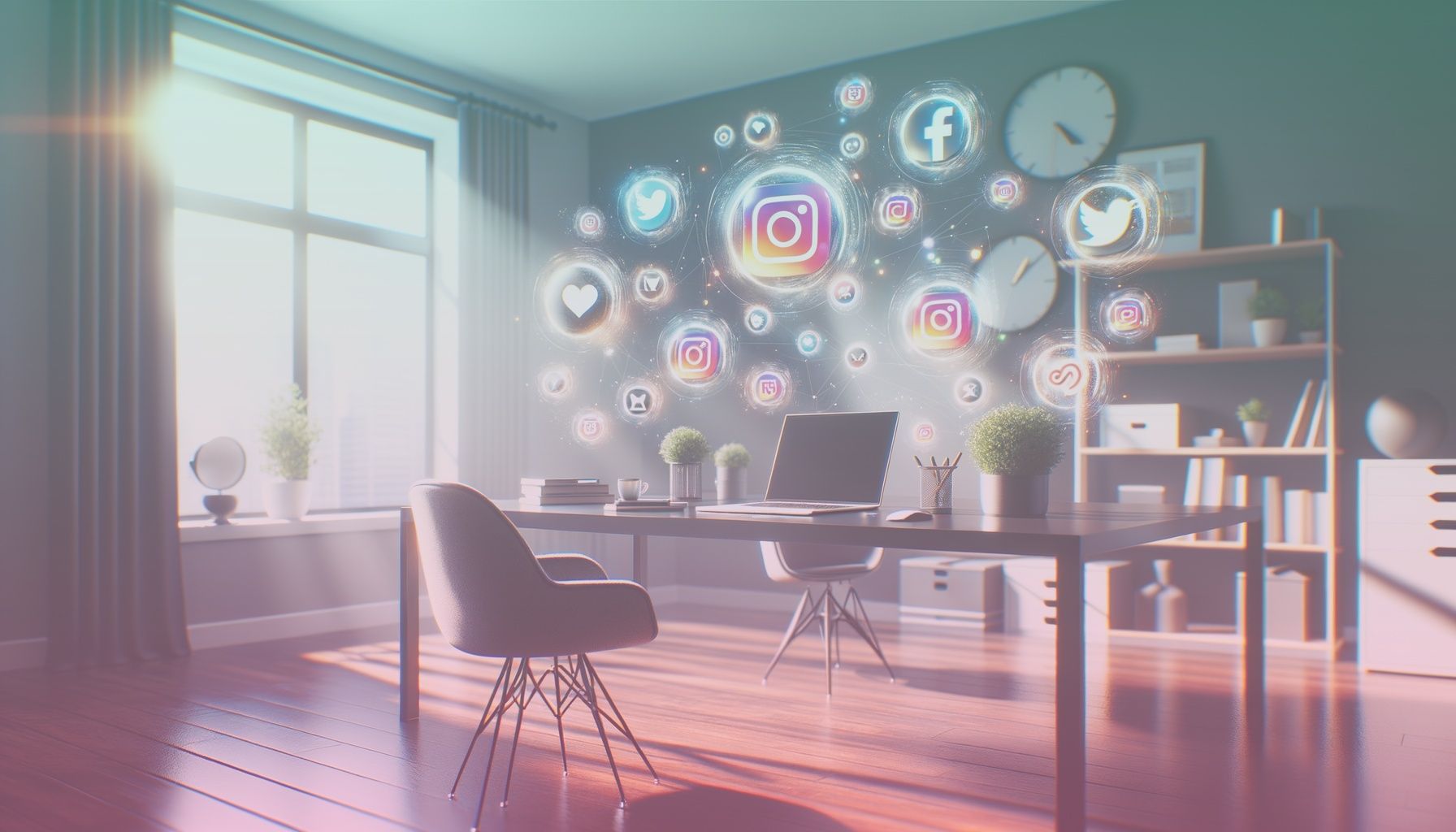 A digitally rendered illustration of social media platform icons such as Facebook, Instagram, Twitter, and LinkedIn, each set against its typical color scheme and stylized to reflect its unique communication style. working in a a modern digital workspace setting with a laptop on a sleek desk. the environment should have a contemporary and organized feel with minimalist decor, echoing a productive and professional atmosphere. icons and notifications subtly appear around the workspace, suggesting dynamic interaction and connectivity.. Scene is lit with soft natural daylight streaming through a window, casting gentle shadows that create a bright and energetic workspace. the atmosphere is upbeat, aligning with the dynamic world of social media..