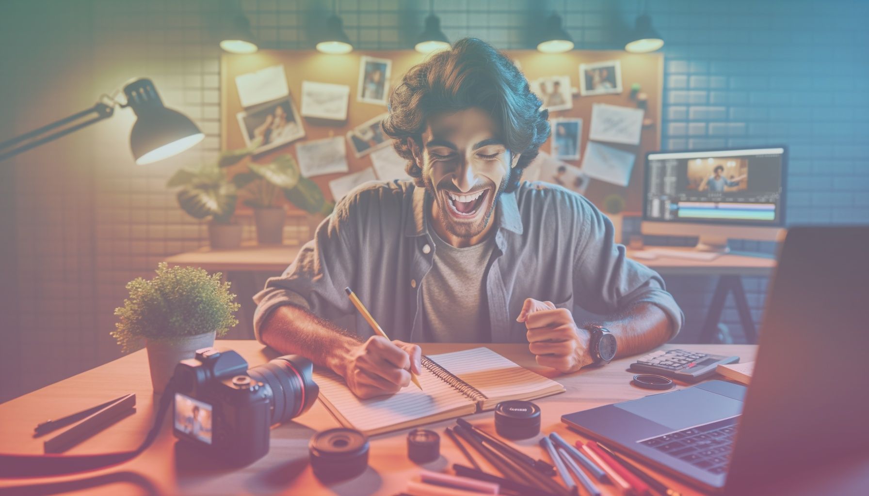 A young, diverse content creator seated at their workspace surrounded by filming gear, reflecting enthusiasm and creativity. working in a a cozy, modern studio with soft lighting, featuring a desk cluttered with camera equipment and a laptop displaying video editing software. in the background, a hint of vibrant, inspiring mood boards and plant décor adds charm.. Scene is lit with warm, inviting lighting that highlights the creator and interactive space. soft shadows and highlights create a cozy, motivating ambiance..