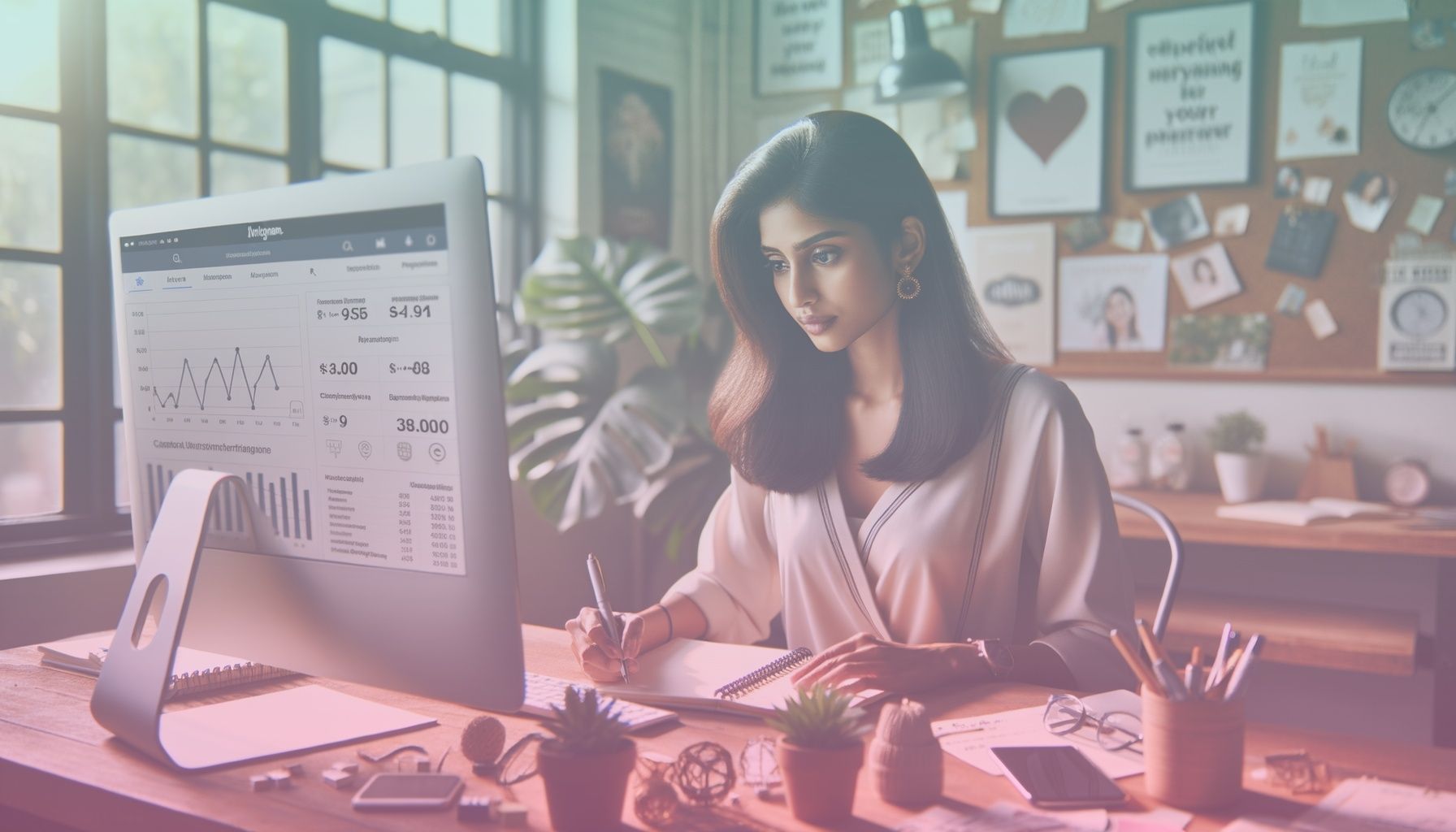 A young professional engaged in checking analytics on a computer screen, wearing casual but neat attire, surrounded by social media-related items. working in a a modern, creative workspace equipped with various digital devices. the room has elements like motivational posters and plant decorations, reflecting an inspiring environment.. Scene is lit with natural daylight streaming through a nearby window, creating soft shadows and a warm atmosphere that highlights the subject's face and workspace..