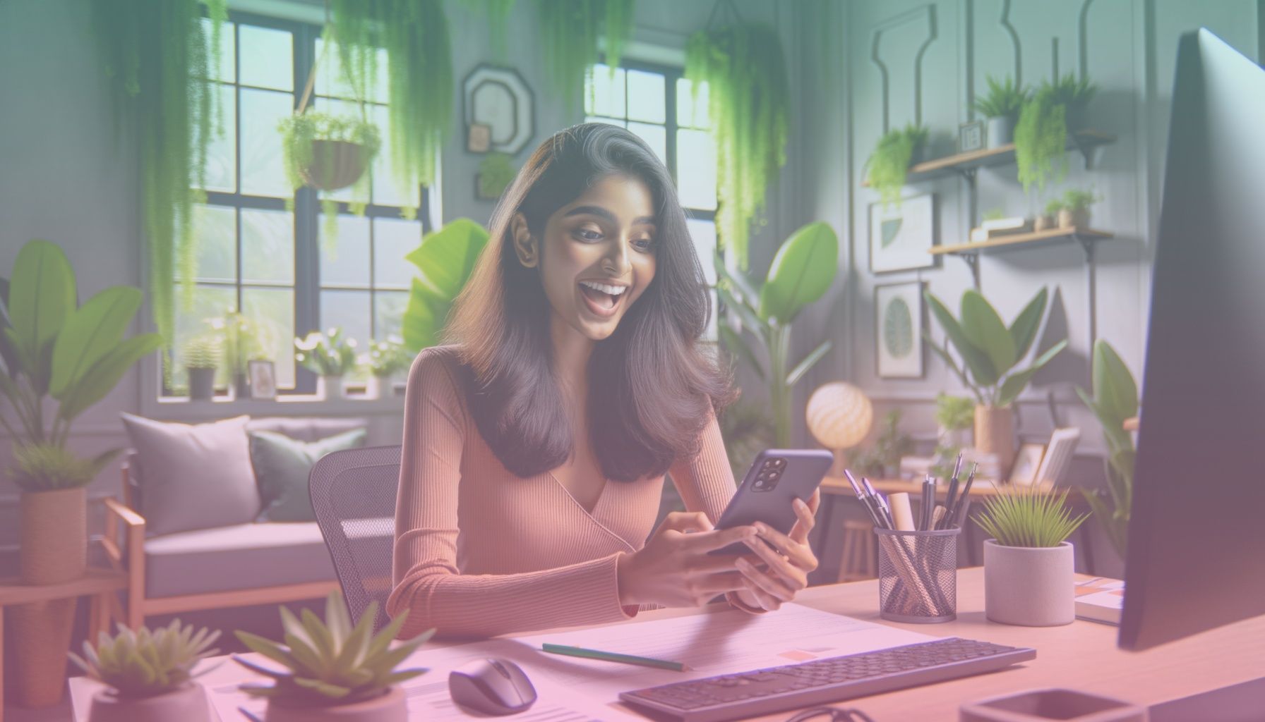 A social media influencer interacting with their followers through a mobile device, showcasing engaging dialogue and vibrant expressions. working in a a cozy and inviting home office environment, filled with vibrant plants and a trendy interior design. the setting complements the theme of digital connectivity, with stylish decor and natural lighting enhancing the ambience.. Scene is lit with bright natural light fills the room, highlighting the subject's expressions and details of the room. the atmosphere is lively yet relaxed, perfectly aligning with the content's focus on engagement and connectivity..