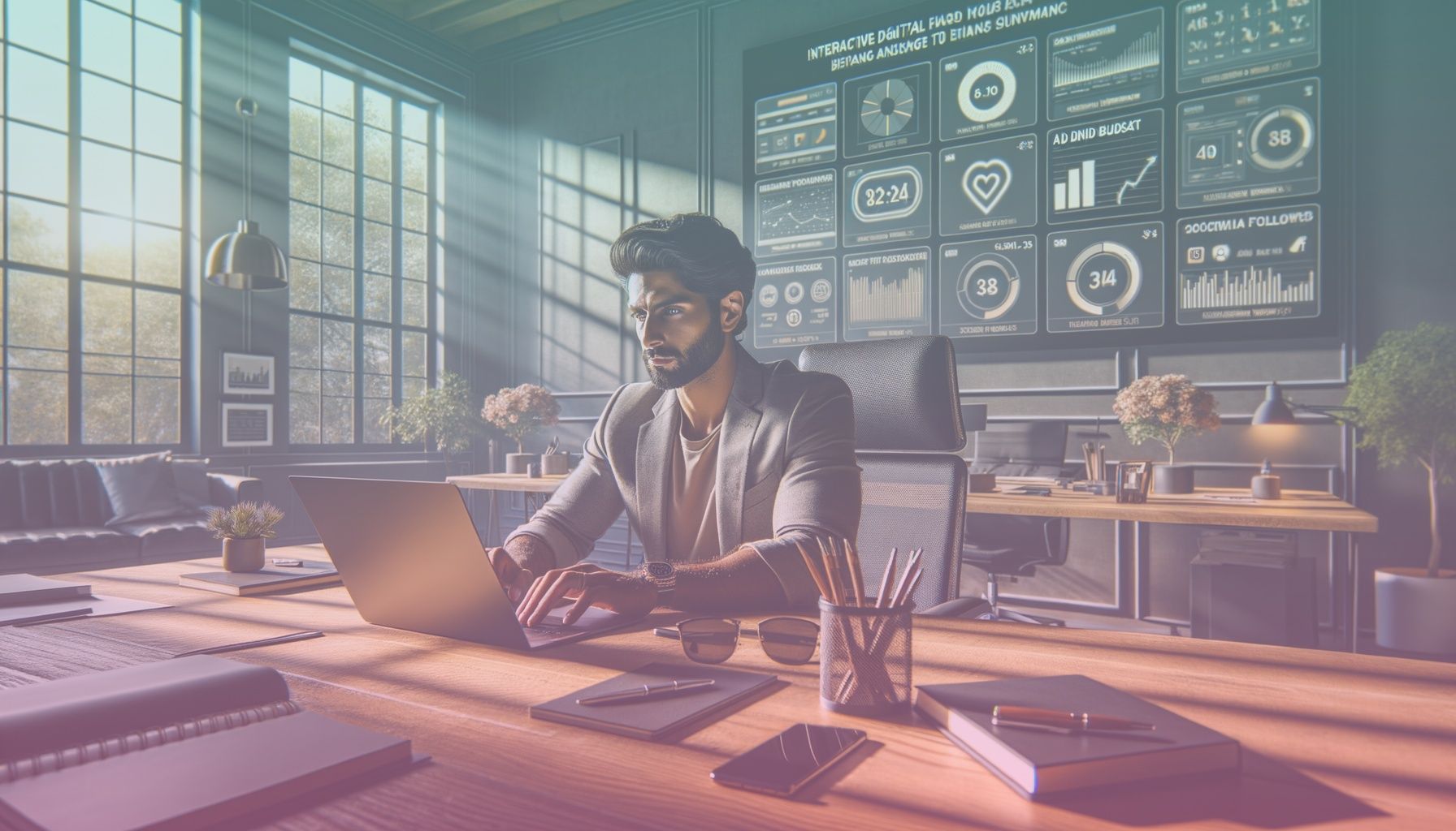 A business professional analyzing social media metrics on a sleek laptop screen in an office setup. working in a a modern office workspace with digital screens showing social media analytics and planning tools. the desk includes office essentials like notepads, pens, and a smartphone.. Scene is lit with natural daylight floods through a large window, casting soft shadows. the ambiance is dynamic yet professional, symbolizing focus and strategizing on social media efforts..