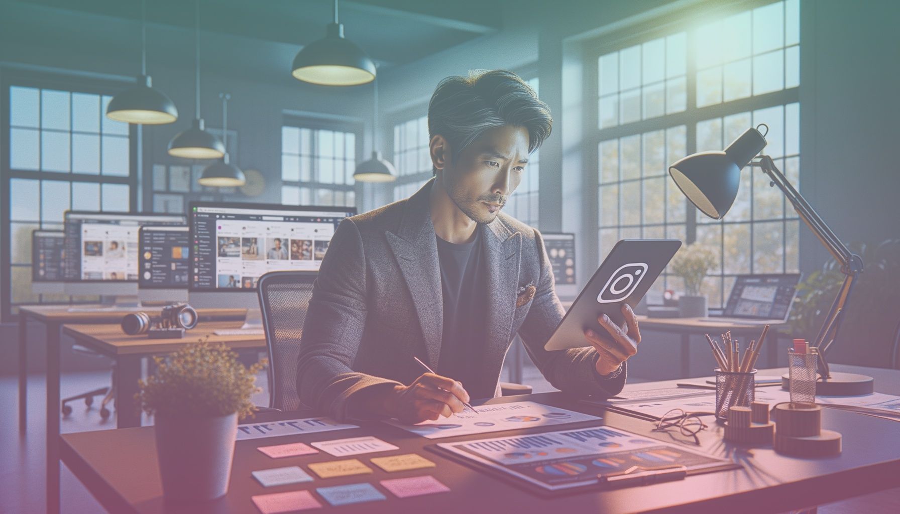 A marketing professional actively engaged on Instagram via a digital device, displaying focus and engagement. working in a in a modern office space filled with digital marketing paraphernalia like charts, sticky notes, and a desktop showcasing graphs, reinforcing a tech-savvy and strategic atmosphere.. Scene is lit with natural light through large windows, casting soft shadows that enhance focus, creating a vibrant and insightful atmosphere..