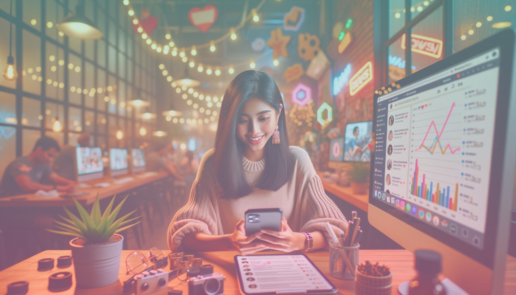 A TikTok influencer interacting with a phone screen displaying positive comments and engagement flows around a video. working in a a lively workspace with pop-cultural elements and modern digital gadgets scattered around. the vibrant setup embodies the energetic nature of social media, with decorative plants and ambient lighting adding warmth, symbolizing engagement growth.. Scene is lit with bright and soft lighting enhancing focus on the influencer and screen, mingling warmth of energetic and optimistic tones fitting the theme of growth and success..