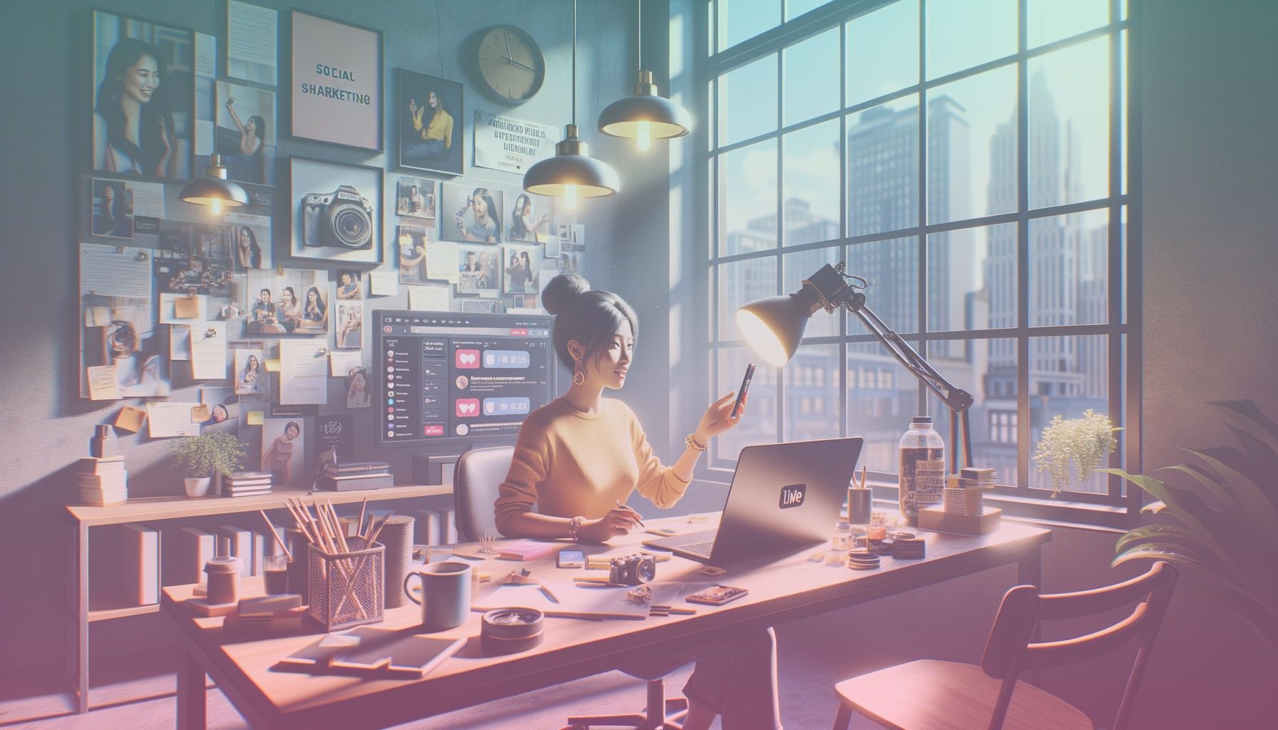 A charismatic social media influencer at a work desk holding a branded product, showcasing their phone and laptop with social media apps open. working in a a modern, brightly lit workspace, featuring posters of famous brands on the wall, a shelf with various tech gadgets, and a large window showcasing an urban skyline. the influencer disrupts the otherwise tidy desk with papers, coffee cups, and notes, creating a dynamic snapshot of digital marketing life.. Scene is lit with natural sunlight flooding through the window creates a bright, welcoming ambiance, complemented by subtle desk lamps. shadows are soft, highlighting the influencer's energetic expression as well as the vivid colors of the branded product..