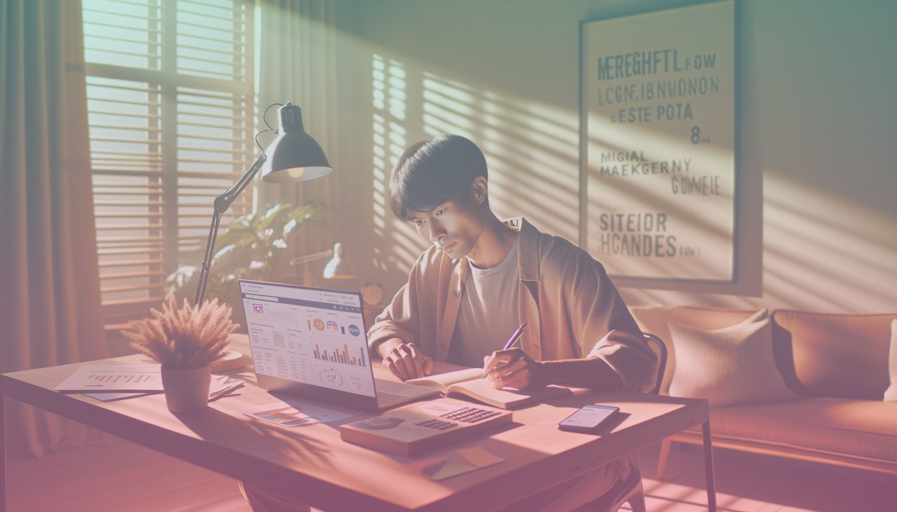 A digital marketer analyzing social media analytics on a laptop, showing Instagram interaction statistics and highlighted likes. working in a a modern home office with neutral tones, featuring a sleek desk setup with a laptop, a smartphone displaying instagram, and a plant adding a touch of greenery. the room is spacious with motivational posters subtly enhancing focus and creativity.. Scene is lit with warm, natural lighting streaming from a large window creates soft shadows, conveying an atmosphere of creativity and contemplation, complementing the informative nature of the setting..