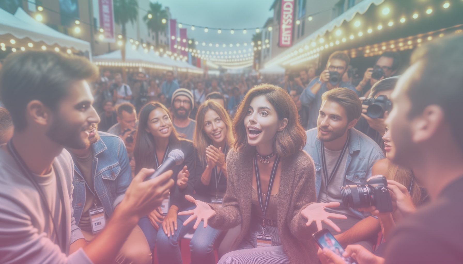 A dynamic social media influencer engaging with an audience at a film festival, capturing their lively interaction. working in a a bustling film festival backdrop with colorful banners and crowds, enhancing the influencer's presence and interaction. the scene includes festival-goers with lanyards and cameras, creating an authentic ambiance.. Scene is lit with warm and inviting festival lighting with soft shadows, creating a vibrant and exhilarating atmosphere that aligns with the festive nature of the event..