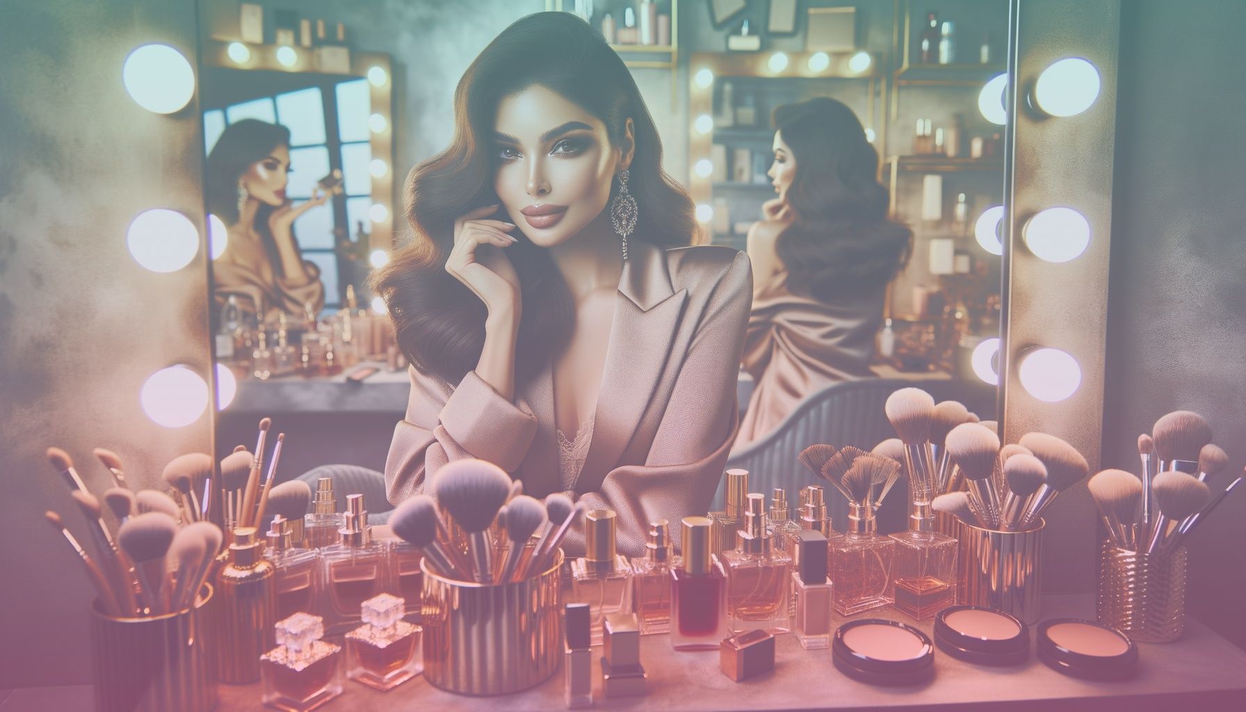 A fashionable beauty influencer confidently displaying a selection of cosmetics and fragrances, conveying expertise and charisma. working in a a modern, chic vanity room with an array of high-end cosmetic products and perfumes. the influencer stands surrounded by an elegant mix of mirrors and lights that accentuate the beauty of the scene, with meticulously organized brushes and makeup displays.. Scene is lit with soft, diffused lighting bathes the scene in a warm, inviting glow that highlights the subject and enhances the room’s elegant ambiance. the atmosphere exudes a sense of sophisticated sophistication, perfectly matching the influencer’s charm..