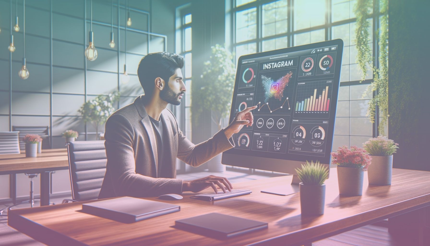 A young professional analyzing Instagram data on a large screen, highlighting a focused and analytical expression. working in a a modern office setting with a sleek desk, computer monitor showing a dashboard of social media metrics. the room is bright, with open windows and potted plants adding freshness.. Scene is lit with natural, bright lighting creating a productive and energetic atmosphere. the sunlight casts soft shadows, enhancing the scene's realism..