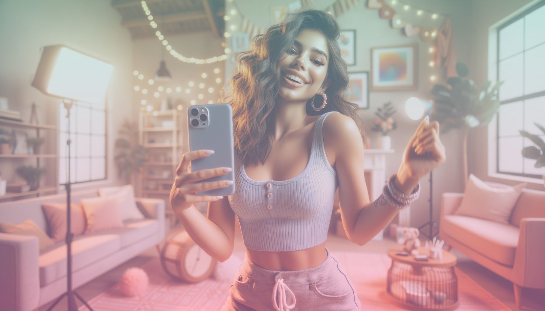 A charismatic young influencer holding a smartphone, mid-shot during a TikTok challenge, exuding creativity and enthusiasm. working in a in a modern, vibrant living room with playful decor reflecting a creative and youthful ambiance. the setting enhances the influence's relatable personality, with soft lighting creating a cozy atmosphere.. Scene is lit with soft natural lighting with warm tones to highlight features authentically. the cozy ambiance aligns with the content's playful and engaging tone..