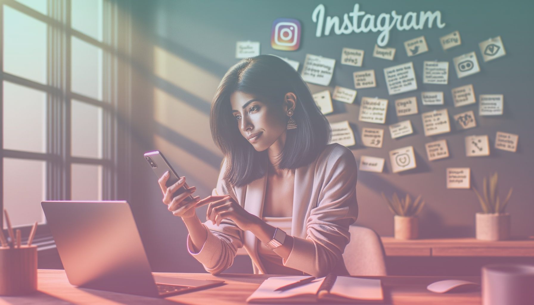 A digital marketer deeply engaged with a smartphone displaying Instagram app. working in a a modern home office setup with a sleek desk, laptop, and social media strategy notes on the wall. the environment reflects a creative workspace mindset, with natural light streaming through a large window, casting soft shadows that create a cozy ambiance.. Scene is lit with natural daylight enhances sharp details and vivid colors, creating a welcoming and professional atmosphere. the light highlights the marketer's focused expression and the screens they are interacting with..