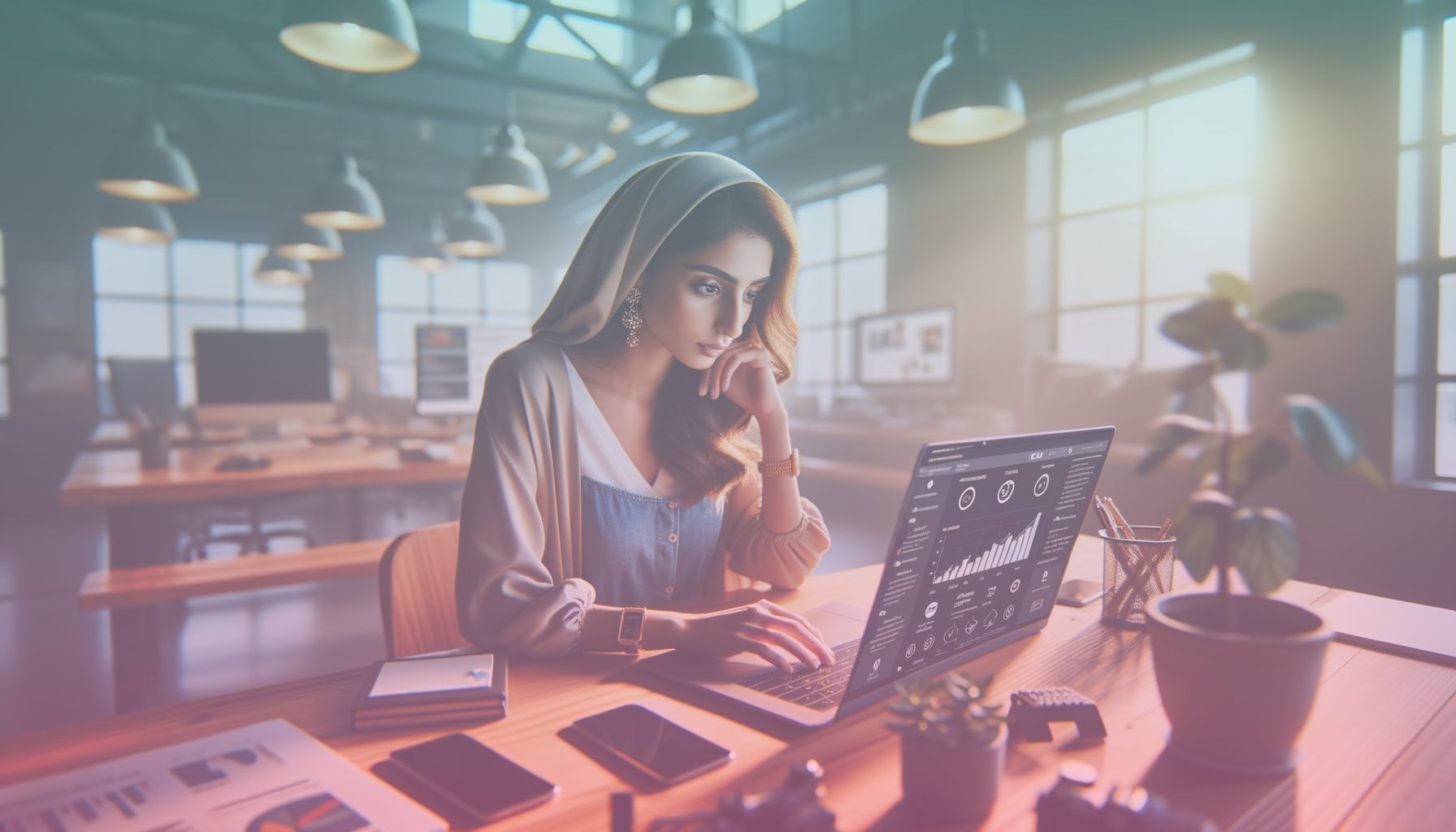 A young social media influencer attentively analyzing Instagram metrics on a digital dashboard, with characteristic elements like a laptop and analytical charts. working in a a modern workspace with a cozy yet professional ambiance; digital devices scattered across a wooden desk, casting a productivity-driven environment that highlights focused work.. Scene is lit with bright overhead lighting illuminates the workspace, casting gentle shadows and fostering a focused yet inviting atmosphere, aligning perfectly with a professional and energetic tone..