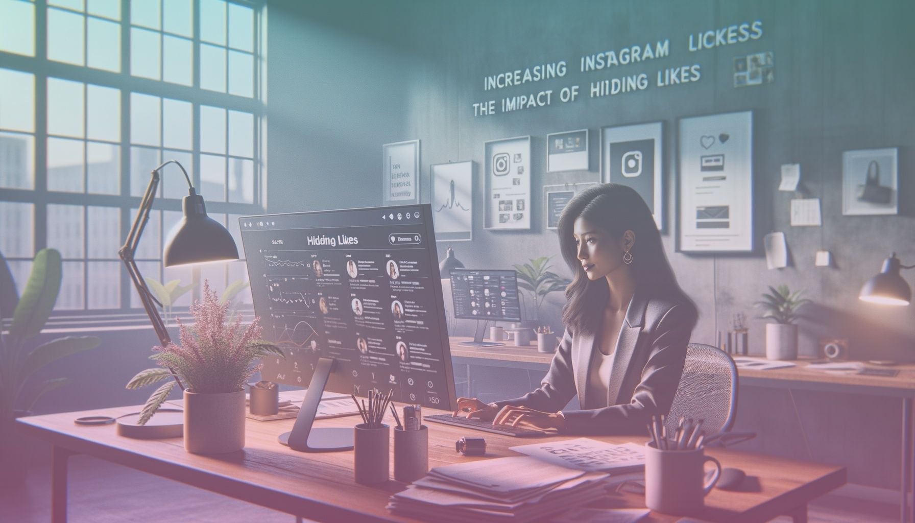 A social media strategist working on a digital marketing plan, emphasizing analytical charts and Instagram interface elements on a computer screen. working in a a modern, sleek office space with a large desk, comfortable chair, and multiple monitors displaying social media analytics. the environment features potted plants and motivational wall art to enhance creativity and productivity.. Scene is lit with bright and natural daylight streaming through large windows, creating an inviting atmosphere. the lighting highlights key elements such as the computer screen and papers with a balanced cool tone..