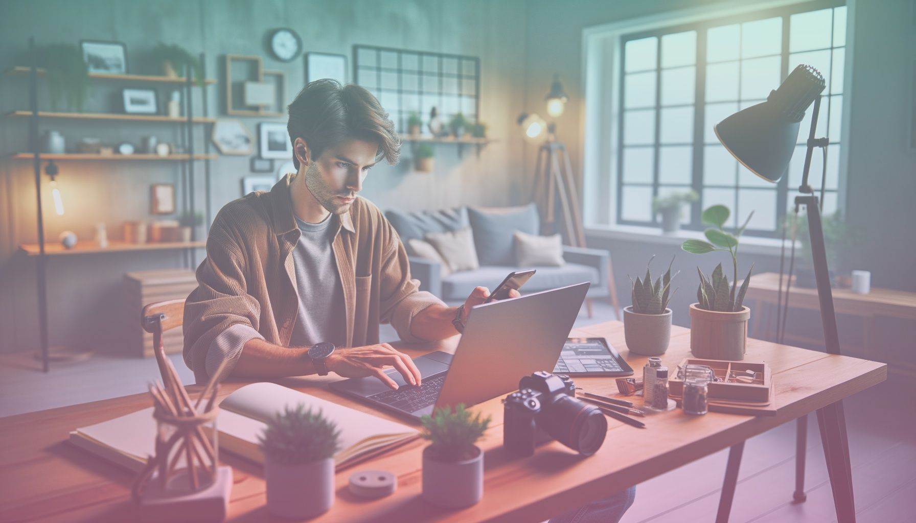 Bir sosyal medya fenomeni, dinamik bir şekilde dizüstü bilgisayarı ve akıllı telefonuyla içerik üretirken. working in a modern bir evin şık ve minimalist bir çalışma odası. masada bitkiler, not defteri, bir kamera ve birkaç dekoratif obje yer alarak sıcak bir profesyonel ambiyans yaratıyor.. Scene is lit with doğal ve eşit aydınlatma, odanın aydınlık atmosferini ve fenomenin enerjik odaklanmasını pekiştiriyor..