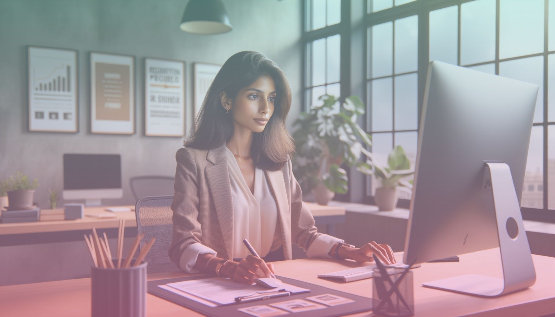 A professional person at a computer, detailing features like a determined look, competent posture, and engaging demeanor. working in a a modern office setting with a tidy desk, computer, plants, and motivational posters, enhancing a professional identity.. Scene is lit with natural lighting that creates a warm and focused atmosphere, with subtle highlights on the computer screen and workspace, establishing a motivated tone..