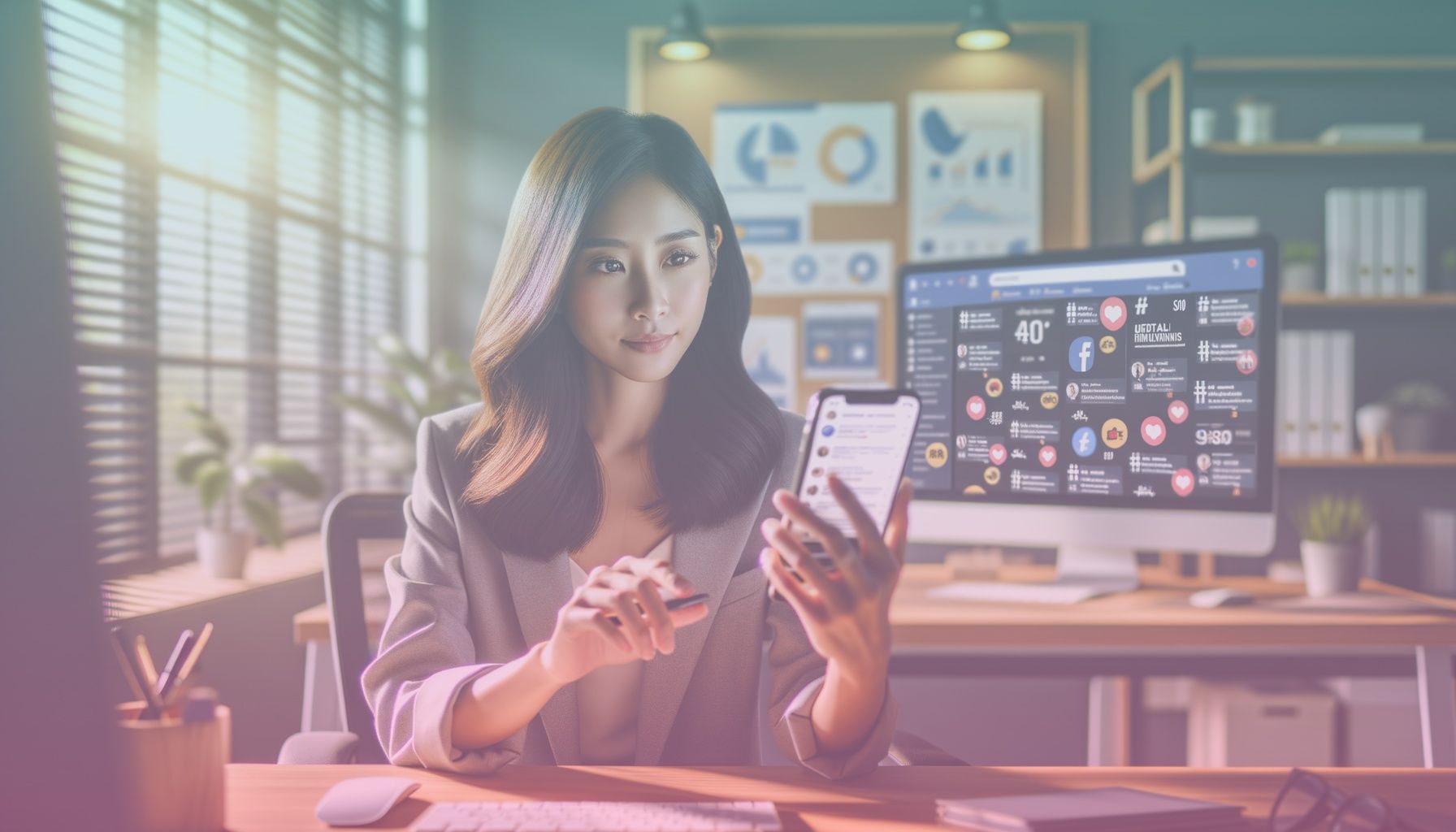 A digital marketing expert holding a modern smartphone displaying a vibrant Facebook feed with visible hashtags. working in a a contemporary office setting with elements like a sleek computer desk, a poster with digital marketing analytics, and a bright, minimalistic decor to evoke a modern, professional vibe.. Scene is lit with bright, natural light fills the room, creating a welcoming and focused atmosphere that aligns with the theme of digital connectivity and innovation..