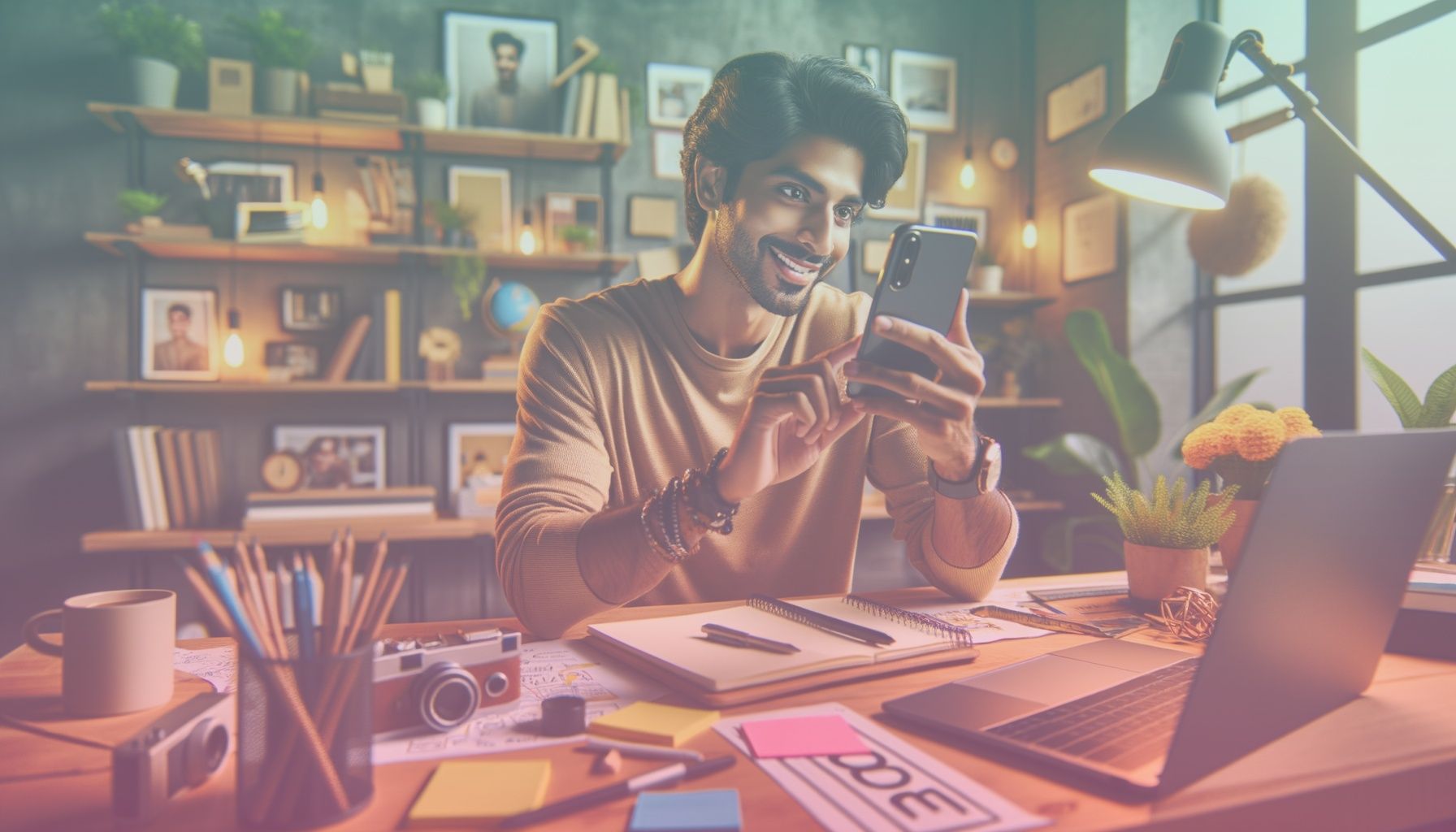 Bir influencer, telefonuyla Instagram'da fotoğraf çekerken; etrafında notlar ve kalem. working in a modern bir çalışma masası, arka planda kitaplık ve bitki, canlı ve renkli ortam. masada laptop ve not defteri var.. Scene is lit with parlak ve doğal ışık, hafif gölgelerle gerçekçi. i̇lham verici ve enerjik bir hava yaratıyor..