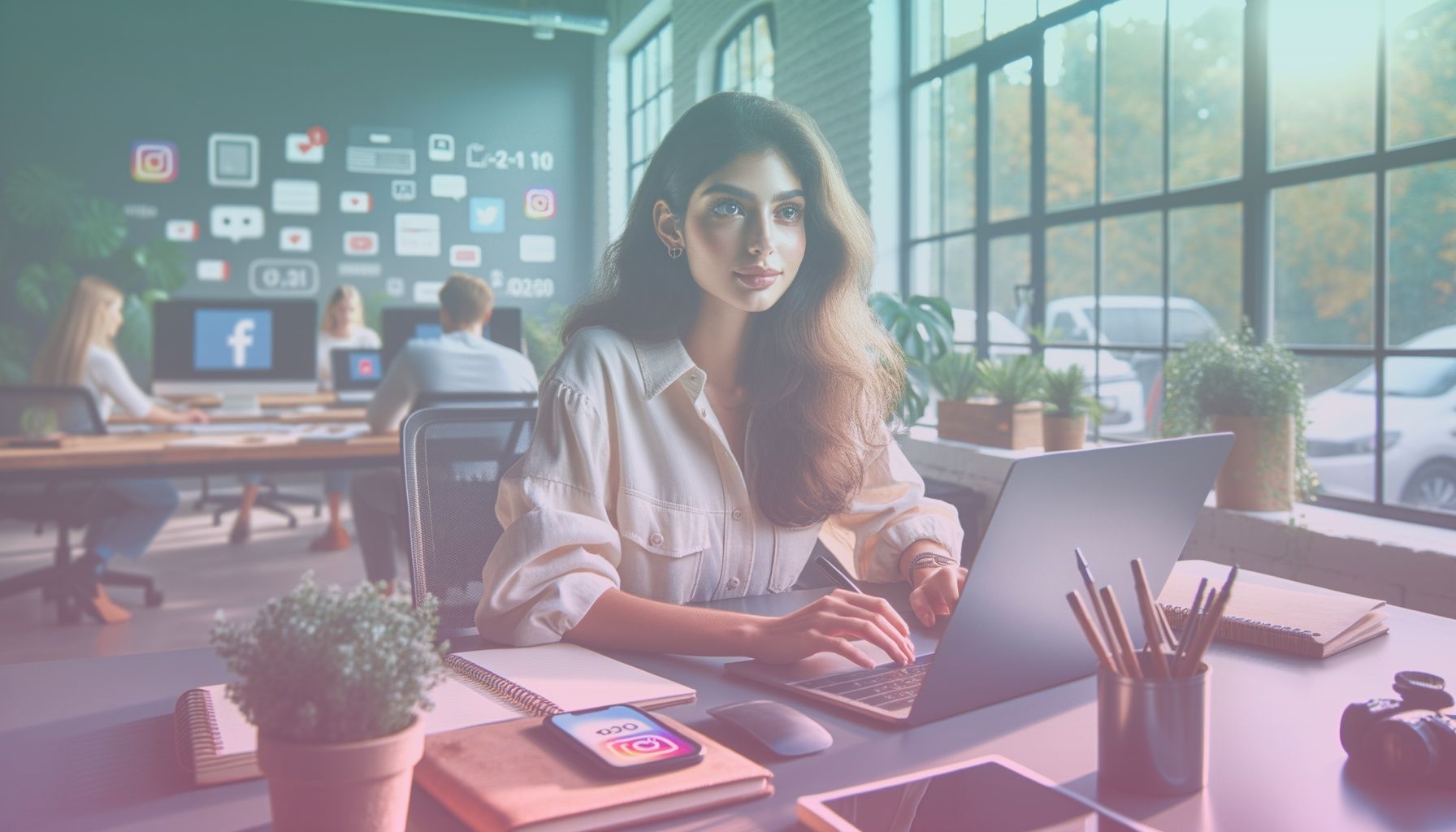 Genç bir sosyal medya uzmanı, laptop ve notlarla dolu bir masa başında. working in a modern bir ofis ortamı, geniş pencere dışarıya ferah bir manzara sunuyor. masada bilgisayar, not defterleri ve birkaç bitki bulunuyor.. Scene is lit with doğal gün ışığının aydınlattığı ortam, zihin açıklığı ve yaratıcılığı teşvik eden bir hava yaratıyor..