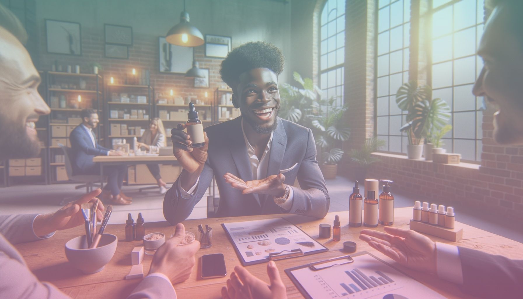 A confident entrepreneur holding a cosmetic product sample, representing new brand creation. She exudes professionalism and enthusiasm. working in a a modern office with a workspace filled with cosmetic ingredients, samples, and branding materials, illustrating a dynamic startup environment.. Scene is lit with warm, inviting natural light floods the room, highlighting the entrepreneur while casting gentle shadows. the atmosphere is vibrant yet professional..