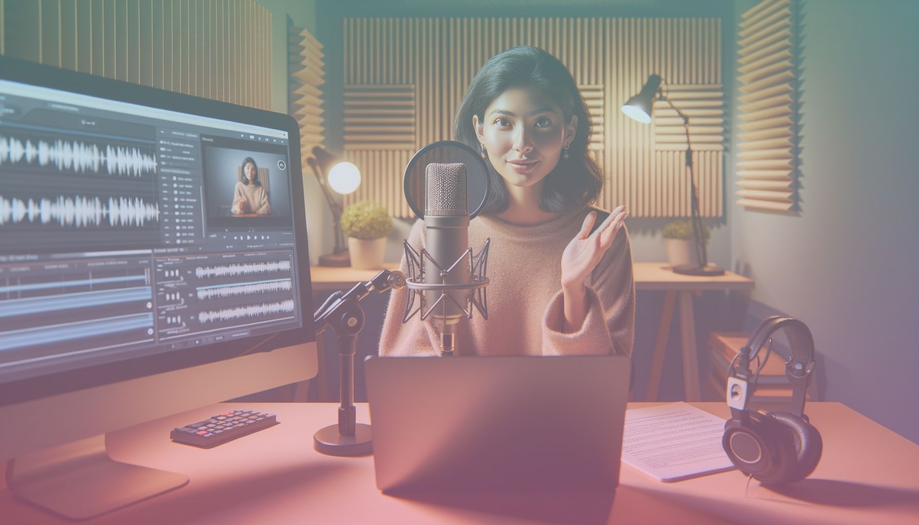 An experienced podcaster, seated behind a high-quality microphone with a laptop open in front of them, focusing on their work. working in a a modern, minimalistic studio with acoustic paneling and soft lighting that promotes concentration. details like a desktop screen showing editing software and a script notebook nearby add context.. Scene is lit with soft, diffuse lighting illuminates the podcaster’s face and studio, creating a professional yet inviting atmosphere. the light provides subtle shadows that add depth..