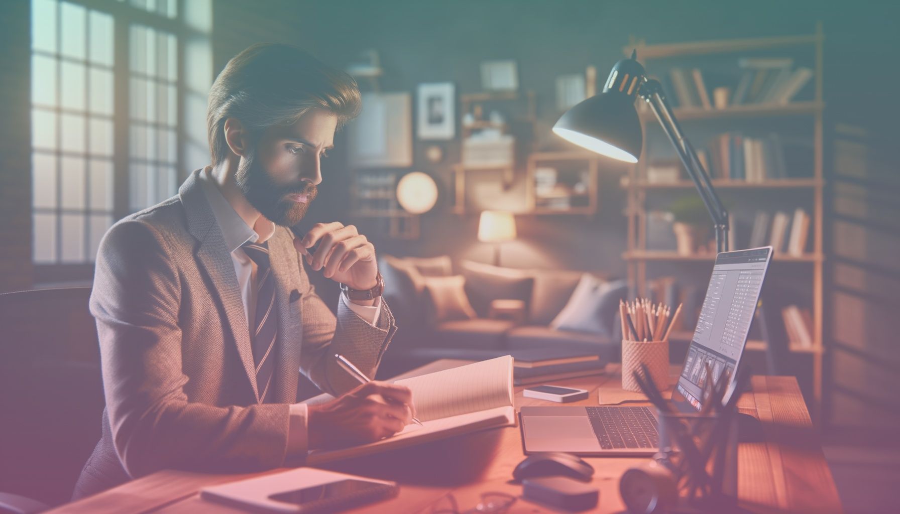 Pazarlama uzmanı defterine notlar alırken düşünüyor, elinde kalem ve laptop. working in a modern bir ofiste sıcak bir atmosfer, arka planda kitap rafları ve bir masa lambası. ofis eşyaları ve dekorlar, iş ortamını hissettiriyor.. Scene is lit with sıcak ve davetkar aydınlatma, loş bir ortam sağlıyor. vurgulu ışıklar ana konuyu öne çıkarıyor, düşünceli bir atmosfer oluşturuyor..