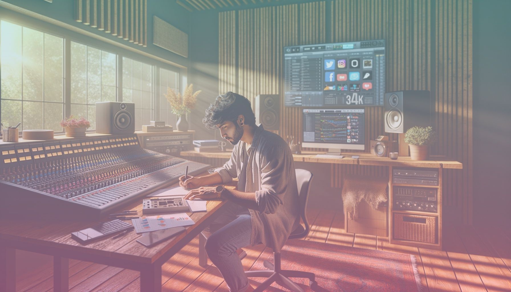 A musician engrossed in planning a social media campaign, surrounded by digital devices, highlighting determination. working in a a modern home studio with acoustic panels, a mixing desk, and a large screen showing social media analytics. the environment exudes creativity and focus while the musician interacts with digital tools, displaying planning and execution. small decor pieces like posters and plants add personal touch.. Scene is lit with bright, natural lighting streaming through a nearby window creates a vibrant yet focused atmosphere. shadows softly highlight the workspace ambiance..