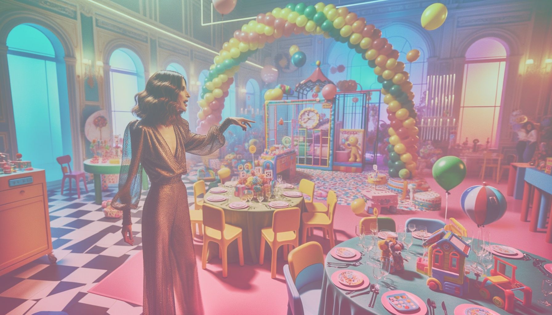 An influencer showcasing trendy children's party decorations with signature elements that appeal to both kids and parents. working in a a brightly decorated party setup with a colorful, youthful theme. balloon arc in the background, tables with kid-friendly setups, interactive toys scattered around. the influencer interacts playfully with the layout, creating a lively and inviting scene.. Scene is lit with soft and vibrant lighting illuminates the scene, highlighting colors and textures. a festive and energetic atmosphere invites viewers to feel inspired by the creativity displayed..