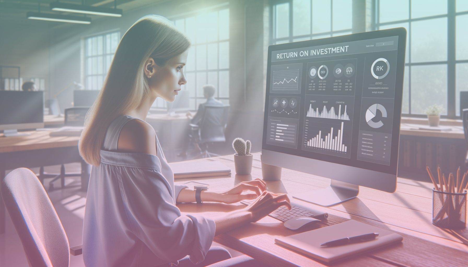 A marketing strategist analyzing reports and data on a digital dashboard, indicative of ROI assessment. working in a in a modern, open-plan office with large windows allowing natural light. the desktop screen displays graphs and charts related to roi, mimicking a real-world workspace.. Scene is lit with bright natural lighting floods the room, casting soft shadows and highlights, creating a professional yet inviting atmosphere..