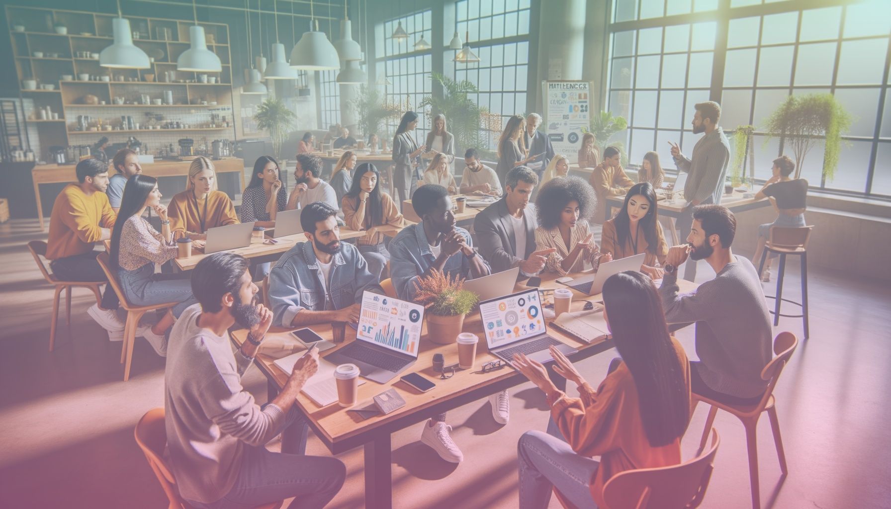 A diverse group of driven influencers sitting around a table filled with gadgets, laptops, and coffee cups, enthusiastically discussing social media strategies. working in a the setting is a modern co-working space with large windows and decorative plants that complement the lively brainstorming session. the environment reflects both creativity and professionalism, showing dynamic interactions and focus.. Scene is lit with daylight streaming through the windows creates a bright, energetic atmosphere. shadows and highlights accent the vibrant discussion, enhancing the hustle and bustle in a positive light..