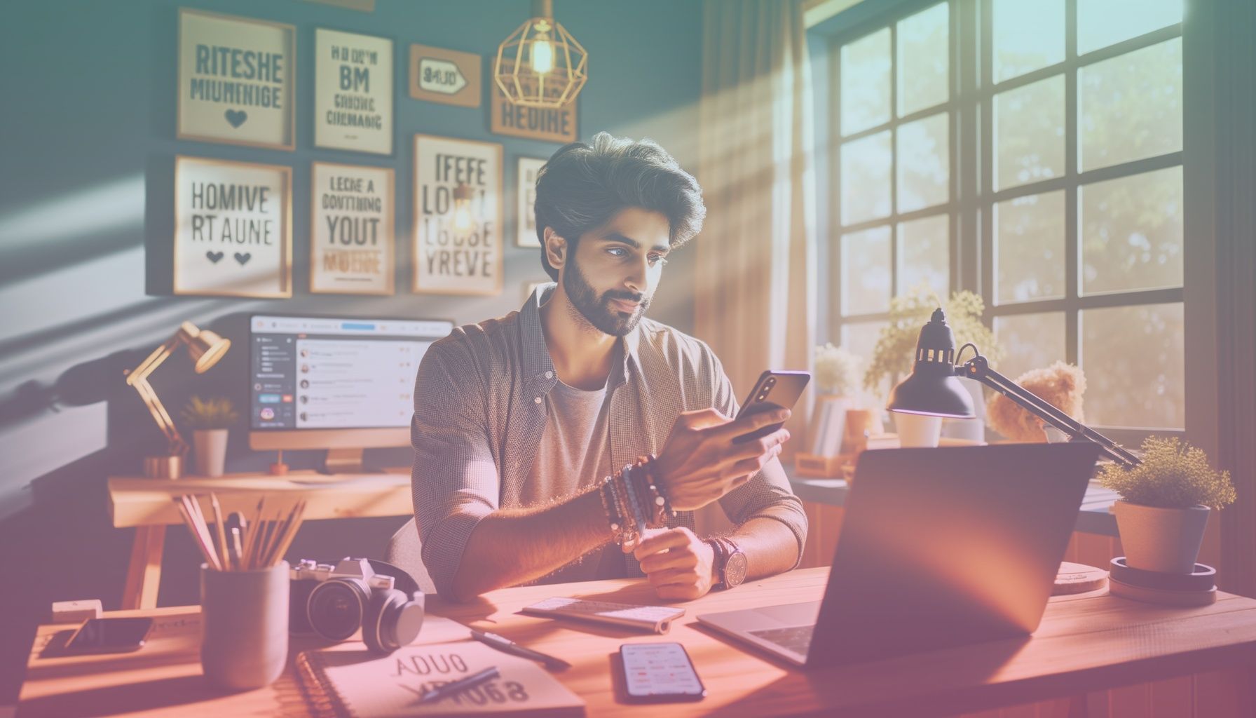 A social media influencer interacting with their audience via a smartphone and laptop, showcasing modern digital engagement. working in a a bright and well-decorated home office with motivational quotes on the wall, complemented by a neat desk setup that includes tech gadgets.. Scene is lit with natural daylight filtering through a large window, casting soft shadows and highlights, creating a welcoming and focused atmosphere suitable for a vibrant and interactive tone..