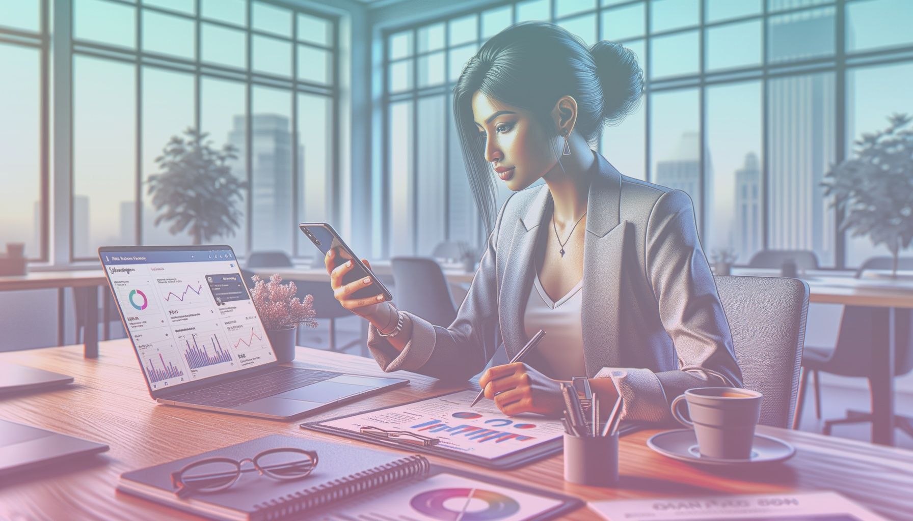 An entrepreneur examining data analytics on a smartphone, scrolling through a vibrant Instagram feed. working in a a modern office space with natural daylight streaming through large windows, a sleek desk setup with a laptop, planner, and coffee cup. the environment conveys productivity and digital engagement.. Scene is lit with bright and natural lighting with soft shadows enhancing clarity, creating an atmosphere of inspiration and progress suitable for strategic thinking..