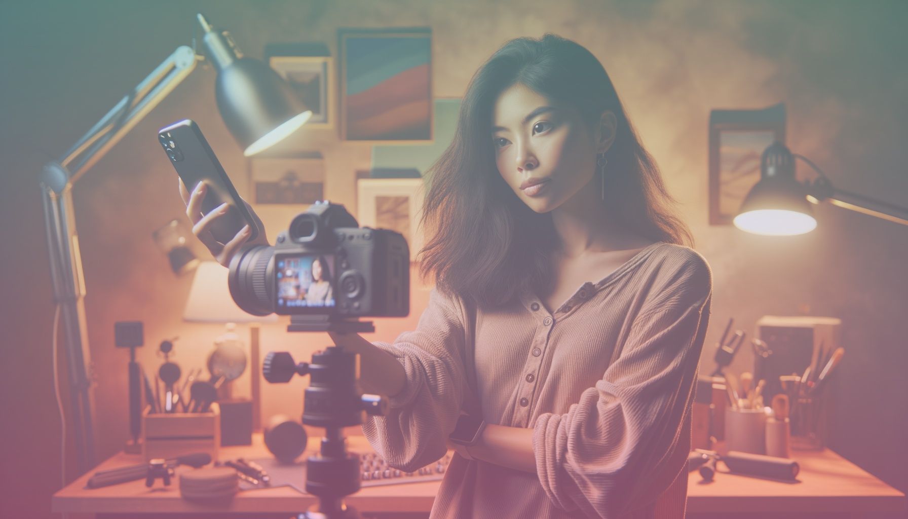 A young, creative individual focused on filming themselves using a smartphone, possibly experimenting with angles and lighting. working in a a cozy, well-lit home studio space. a colorful backdrop and a desk cluttered with editing gadgets and creative tools enhance the scene’s authenticity.. Scene is lit with natural, bright lighting that emphasizes the creative energy of the scene. a warm, inspiring atmosphere is set through soft, ambient highlights and gentle shadows..