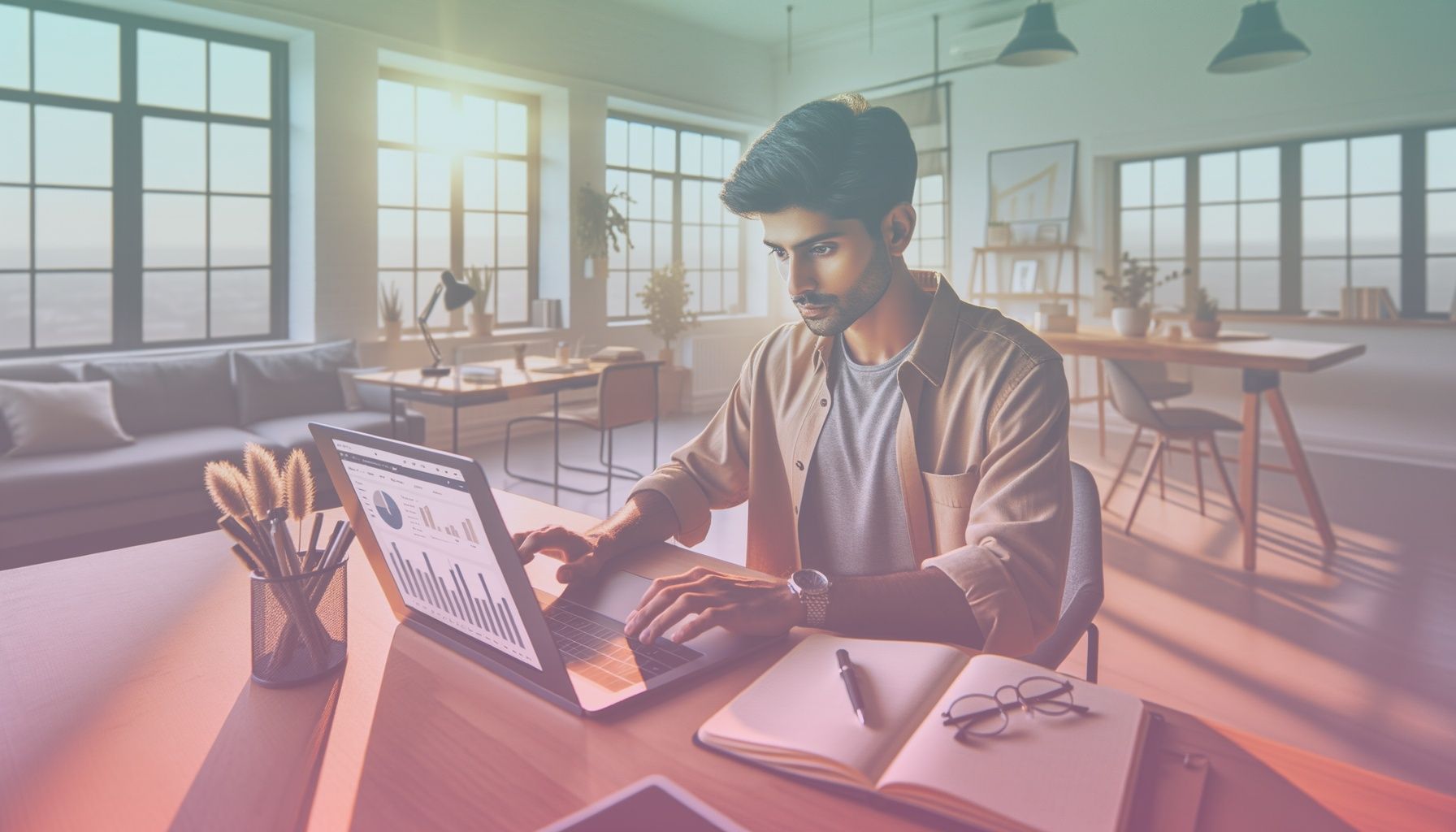 A dynamic influencer seated at a minimalist workstation, surrounded by digital analytic tools and brand imagery, illustrating content monetization fluidity. working in a a contemporary home office with large window views, emphasizing an open, airy atmosphere. desk cluttered with notebooks, pens, and a laptop displaying analytical graphs, reinforcing productivity.. Scene is lit with natural daylight streams through windows, harmonizing with soft, warm ambient lighting. subtle shadows highlight the work-focused environment, capturing a vibrant, purposeful mood..