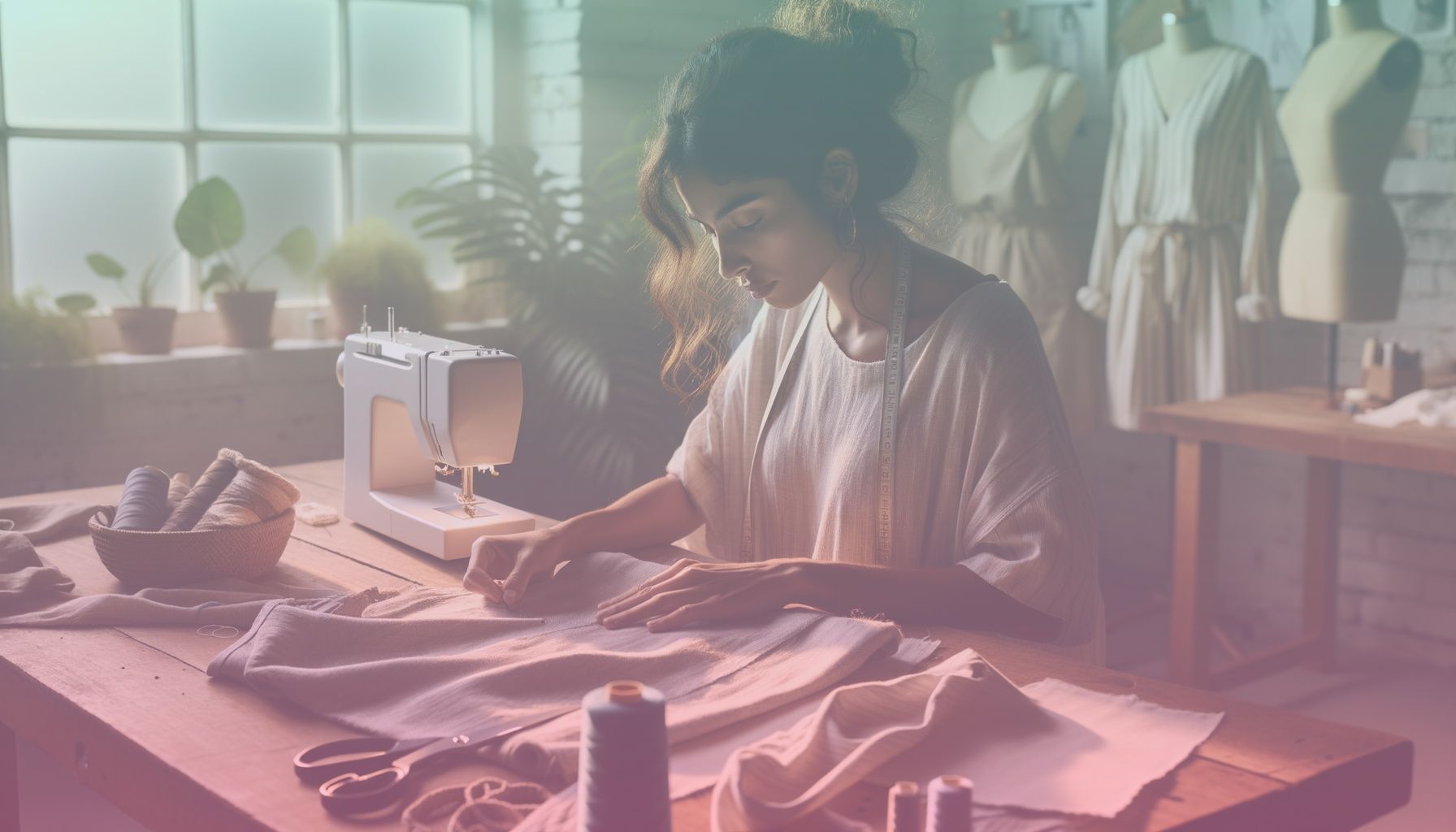 A fashion designer working on a new sustainable clothing line. working in a a modern design studio filled with eco-friendly materials and sustainable fashion prototypes. the environment should reflect a creative and eco-conscious atmosphere with natural lighting enhancing the setting.. Scene is lit with soft natural lighting that complements the eco-friendly theme, casting gentle shadows and highlights on the subject, creating a warm and inviting atmosphere..