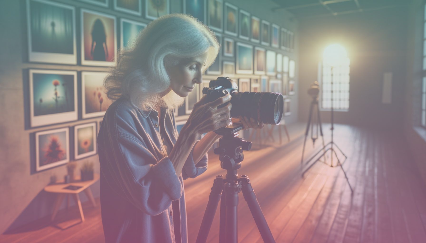 A skilled photographer controlling a camera. working in a in a well-lit modern studio filled with vibrant photos on the walls, the photographer stands by a tripod, focusing intently.. Scene is lit with soft, diffused lighting enhances the studio's details, creating an energetic, creative atmosphere..