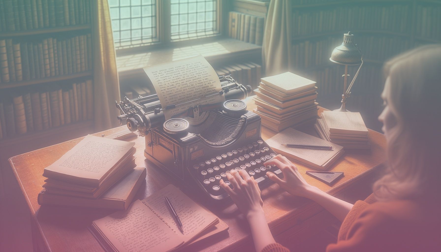 A vintage typewriter sitting with a stack of handwritten notes, representing the art of biography writing. working in a in a cozy study room filled with bookshelves and a warm wooden desk, evoking a sense of history and personal stories. the environment features an open window casting sunlight over the desk, enhancing the sense of a contemplative workspace.. Scene is lit with soft, ambient lighting creates a warm, inviting atmosphere, with natural sunlight streaming in through the window. shadows on the books and typewriter add depth and realism, fostering a reflective and engaging tone..