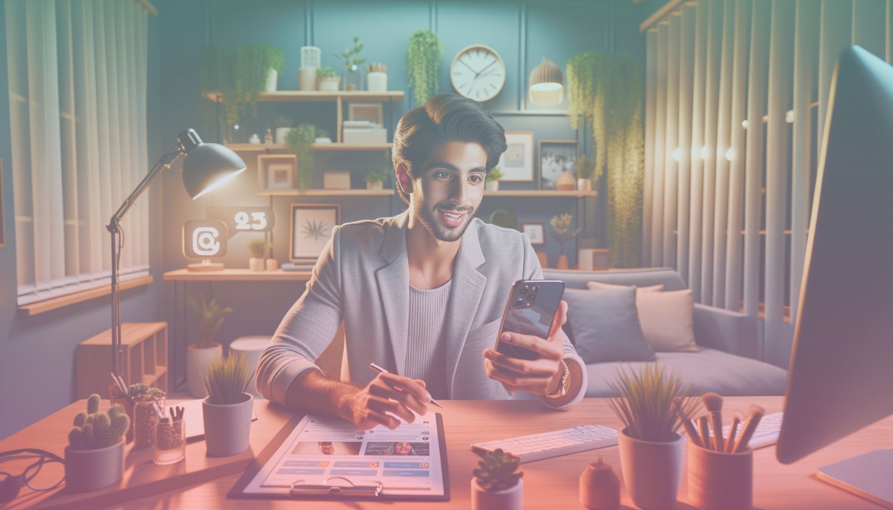 A young, diverse social media influencer demonstrating Instagram tips with a smartphone, emphasizing engagement strategies. working in a a modern home office setup with minimalistic decor, stylish furniture, and a cozy aesthetic. the influencer sits comfortably at a clutter-free desk with plants and warm ambient lighting, ensuring a relaxed yet focused atmosphere.. Scene is lit with soft, warm lighting enhances the welcoming and informative environment. shadows are minimal, with highlights accentuating the influencer and decor for a natural, approachable feel..