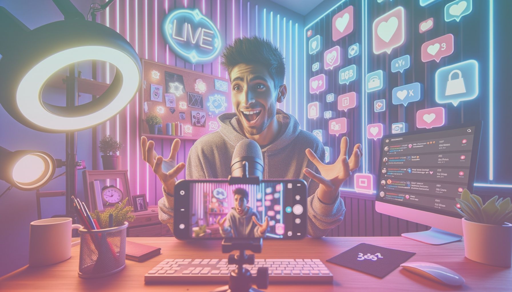 A dynamic young content creator engaging with a smartphone, surrounded by emblems of TikTok features like virtual gifts. working in a a creative home studio setup with led lights and a neatly arranged backdrop reflecting the colorful tiktok aesthetic. the environment should feature a desk with a ring light, a computer with comments displayed on the screen, and tiktok branding elements subtly in the background.. Scene is lit with bright and vibrant lighting with colorful hues reflecting tiktok's energetic atmosphere. soft shadows and highlights should communicate an active, engaging, and focused environment..