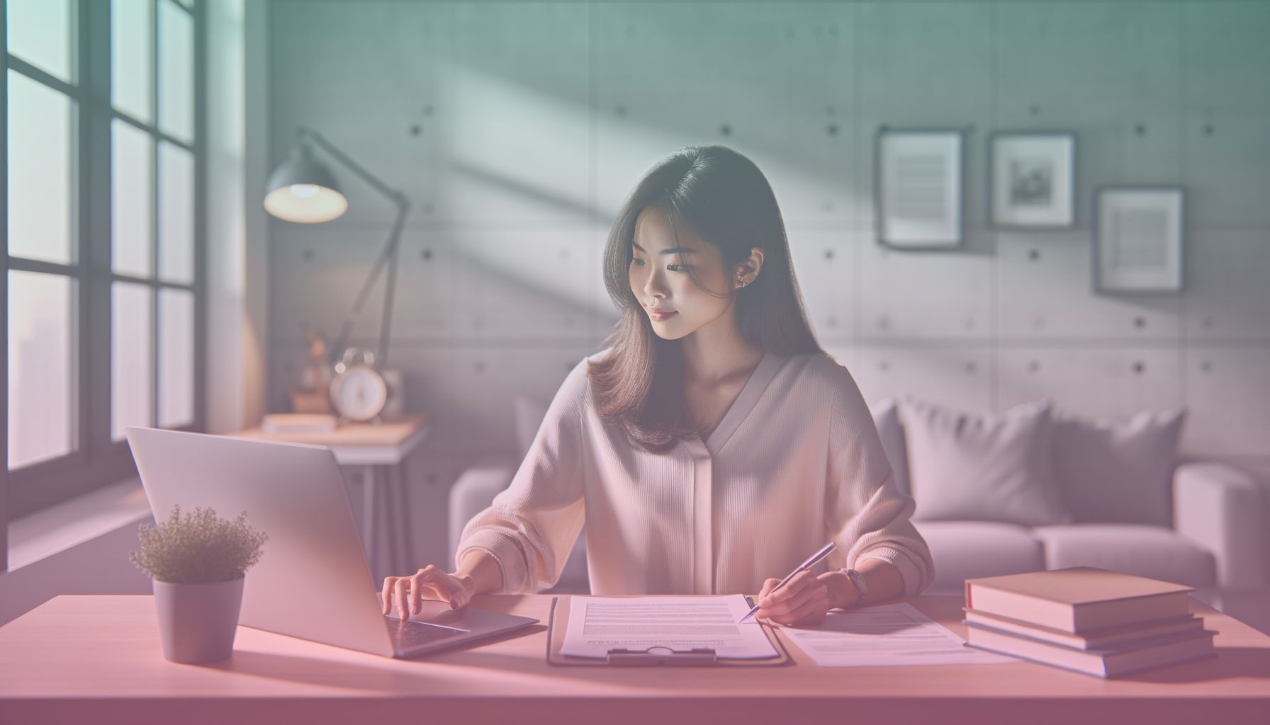 A young, motivated applicant filling out an online application form on a laptop, signifying readiness for new career opportunities at Trendyol. working in a a modern, minimalist home workspace with a sleek desk and ambient lighting that complements the applicant’s focused demeanor, while educational books and a small plant add to the setting's realism.. Scene is lit with soft, natural lighting from a nearby window creates a bright and inviting atmosphere that reflects optimism and professionalism, with gentle shadows for depth..