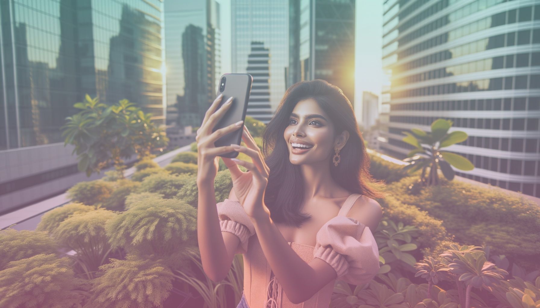 A confident social media influencer using a smartphone to create engaging content. working in a set in a vibrant, modern urban space with a view of a bustling cityscape. the influencer is on a rooftop garden, capturing the contrast between nature and urban life.. Scene is lit with golden hour lighting giving the scene a warm, inviting glow. the light enhances facial expressions and creates dynamic shadows..