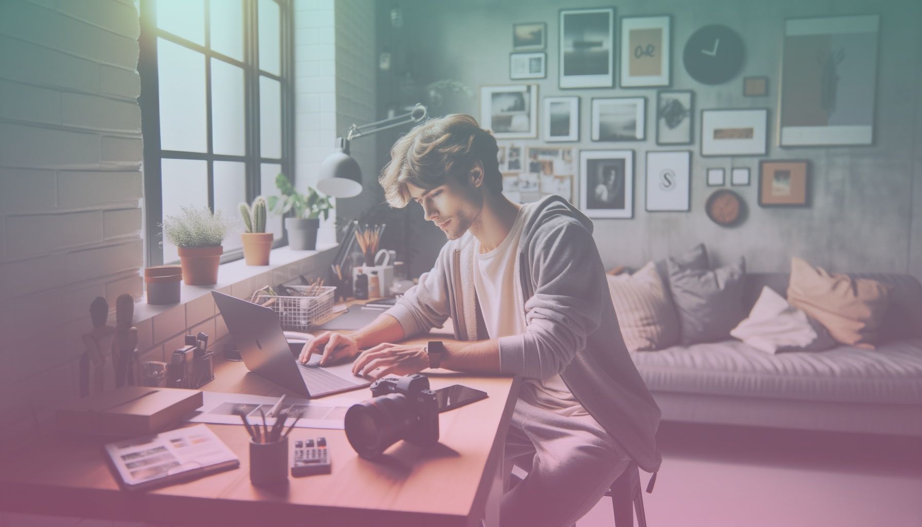 A young creative influencer using a smartphone, showcasing personal and unique content creation. working in a a modern, aesthetically pleasing home office with vibrant decor, emphasizing creativity and productivity. the environment features personal touches like artwork, plants, and a neat desk setup, reinforcing an authentic influencer setting.. Scene is lit with bright, natural daylight streams through a nearby window, creating soft shadows and highlights that enhance the optimistic tone of content creation..