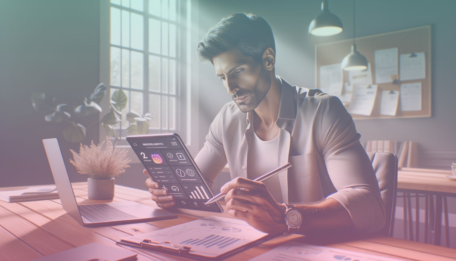 A marketing analyst holding a tablet with display showing Instagram analytics and a dynamic budget chart. working in a a modern office setting, featuring a sleek desk with a laptop, notepads, and a potted plant. the setting accentuates professionalism and digital advancement, with natural lighting streaming through a large window, creating a focused and financial-technological ambiance.. Scene is lit with bright natural light highlighting the subject's face and table, fostering an atmosphere of clarity and innovation, complemented by soft shadows adding depth..