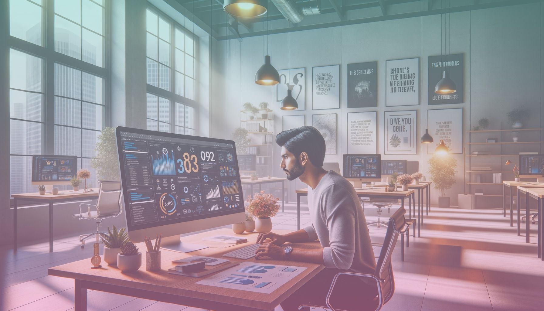 A relatable digital marketer analyzing charts and graphs on a computer, central to the theme of hashtag effectiveness. working in a a modern, brightly lit office setting, surrounded by clean, minimalist decor that complements the digital marketing theme. desks with computers, potted plants, and motivational posters create a professional ambiance.. Scene is lit with natural daylight fills the room, casting soft shadows and creating a vibrant atmosphere; the scene should be inviting and motivate readers to explore technological insights..