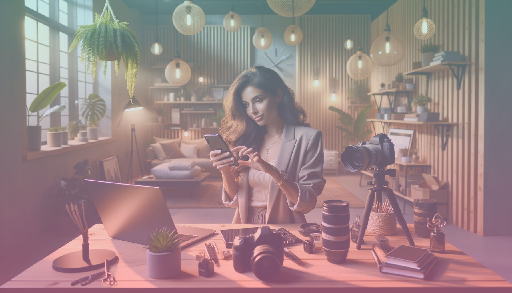 A young and professional influencer holding a smartphone, capturing creative content. working in a an elegantly designed workspace with modern decor elements, ambient lighting, and a cozy appearance. the influencer is surrounded by plants, a laptop, and camera gear, creating a productive and creative atmosphere.. Scene is lit with warm and soft lighting fills the scene, creating a welcoming and inspiring environment, with gentle shadows emphasizing a vibrant and energetic mood..