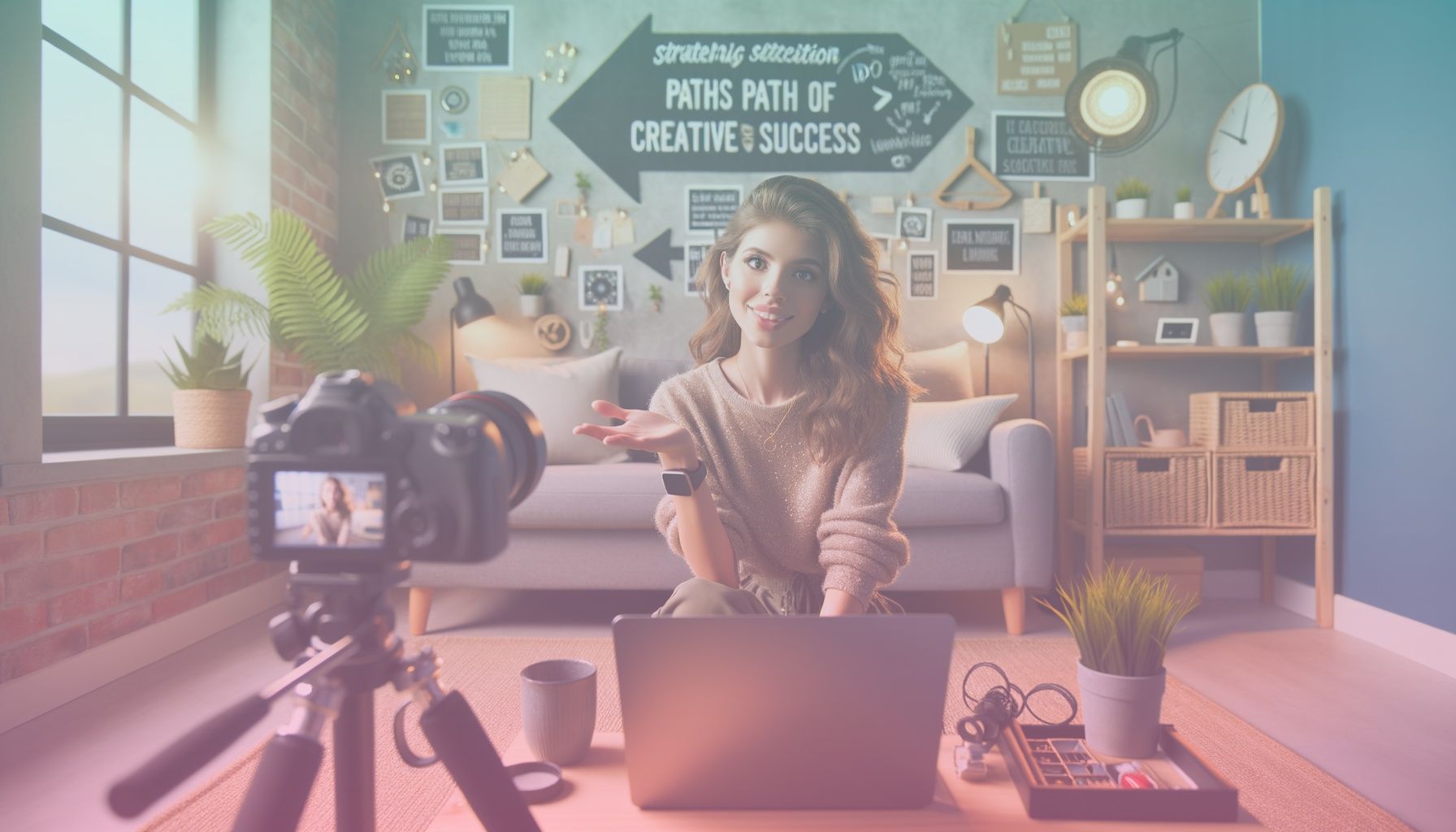 A young, enthusiastic content creator sitting in front of a camera setup with a laptop, illustrating their transition into YouTuber. working in a in a cozy, well-organized home studio with a camera on tripod, soft lighting, and motivational posters on the wall depicting creative success paths. small decorative items like plants and a coffee mug add warmth and realism.. Scene is lit with natural lighting complemented by studio lights highlighting the creator’s expression and setup. the atmosphere is inviting and inspiring, promoting creativity and ambition with soft shadows enhancing depth..